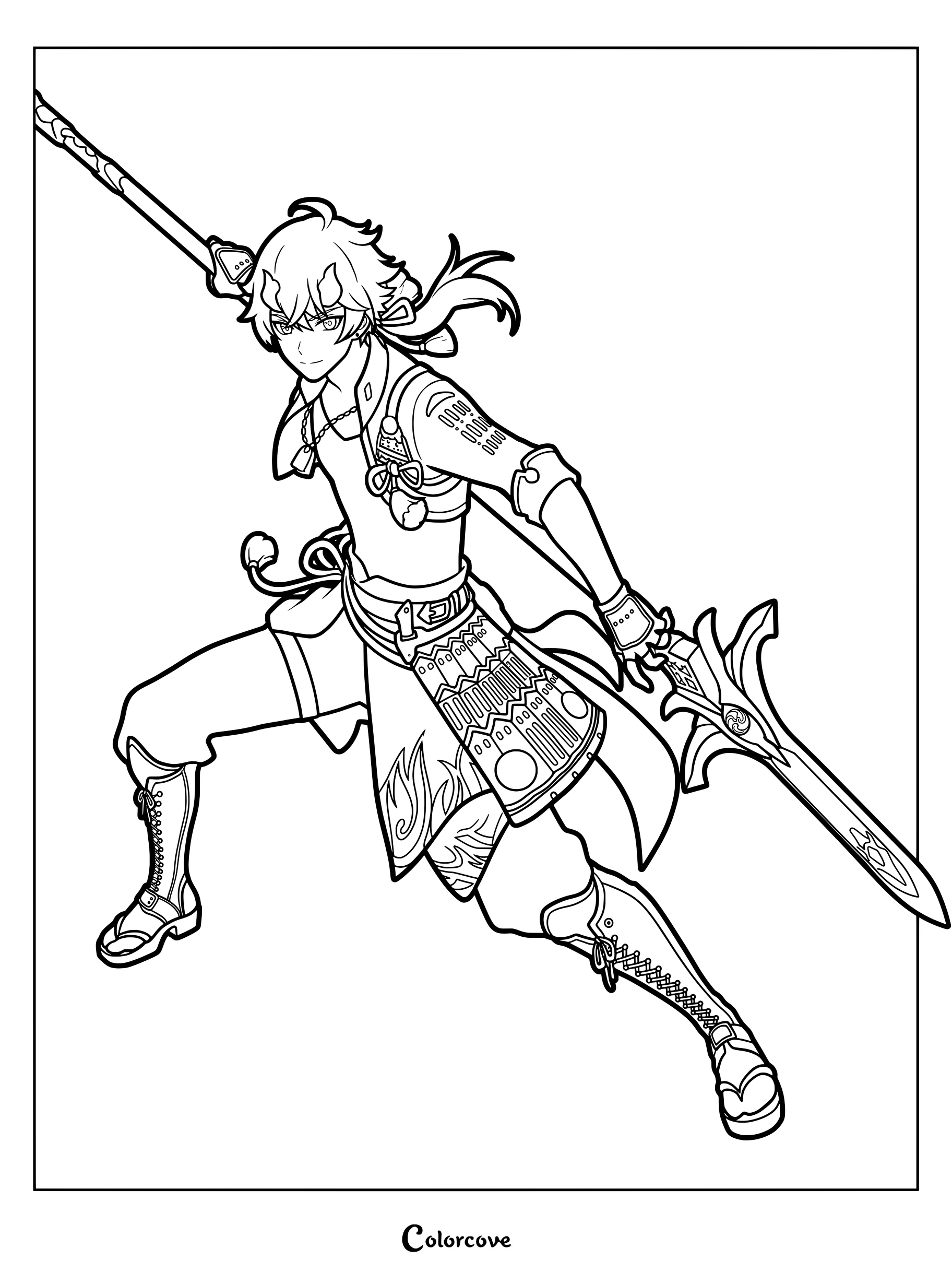 Printable coloring page of Thoma from Genshin Impact holding his polearm.
