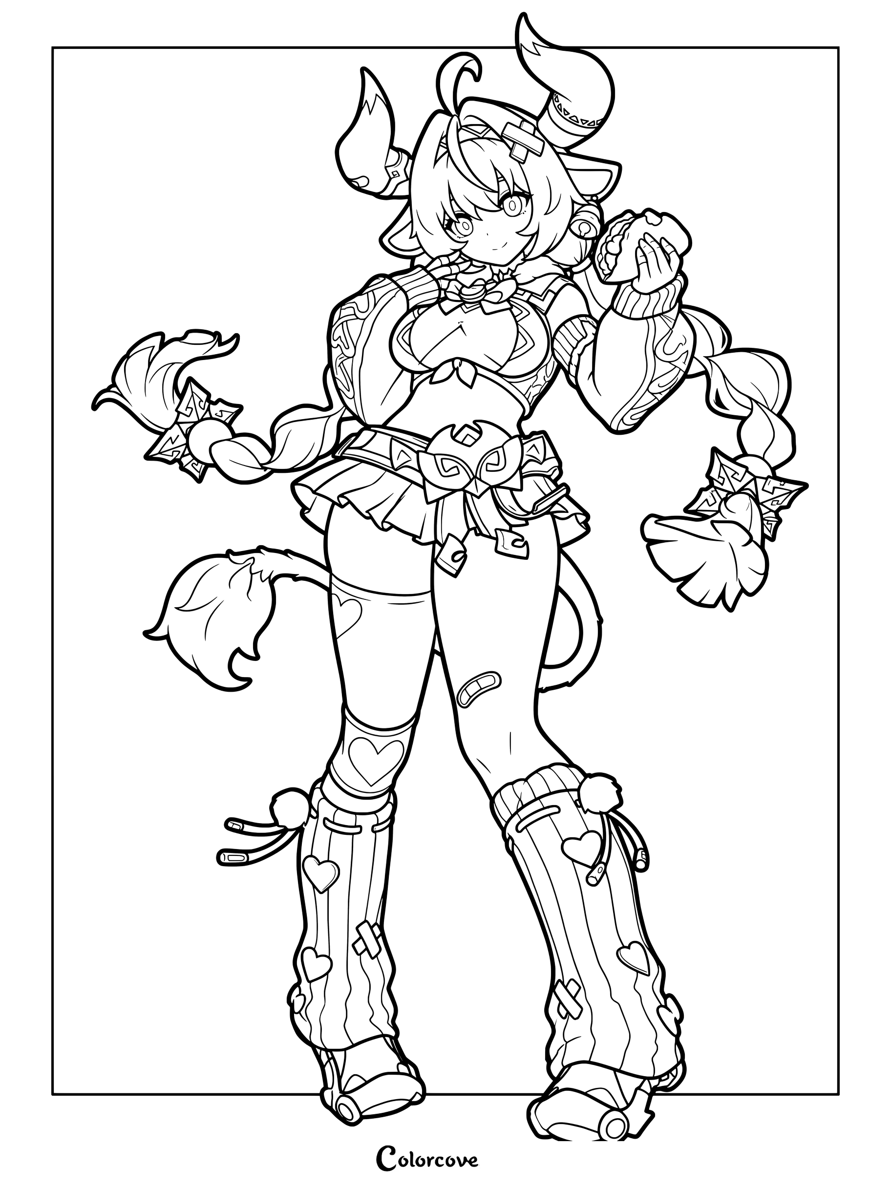 Printable Varesa coloring page from Genshin Impact featuring her in a detailed outfit with horns and braids.