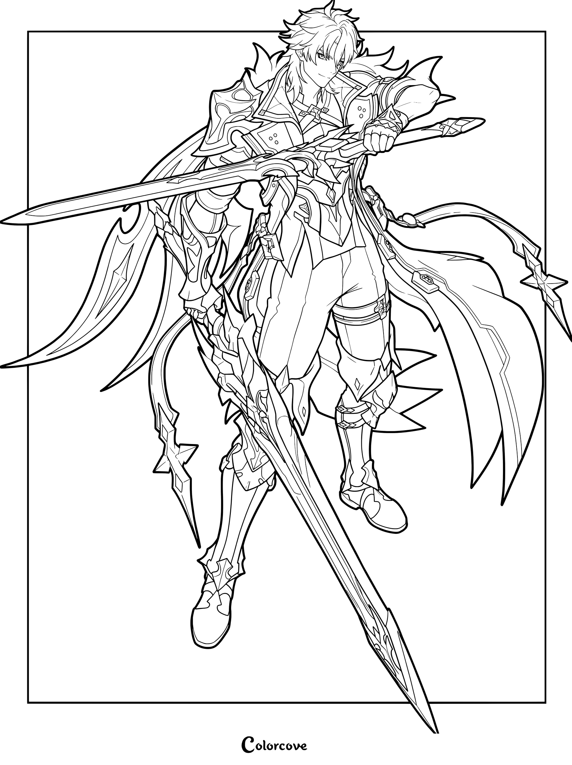 Varka from Genshin Impact holding a massive claymore weapon in a line art coloring page.