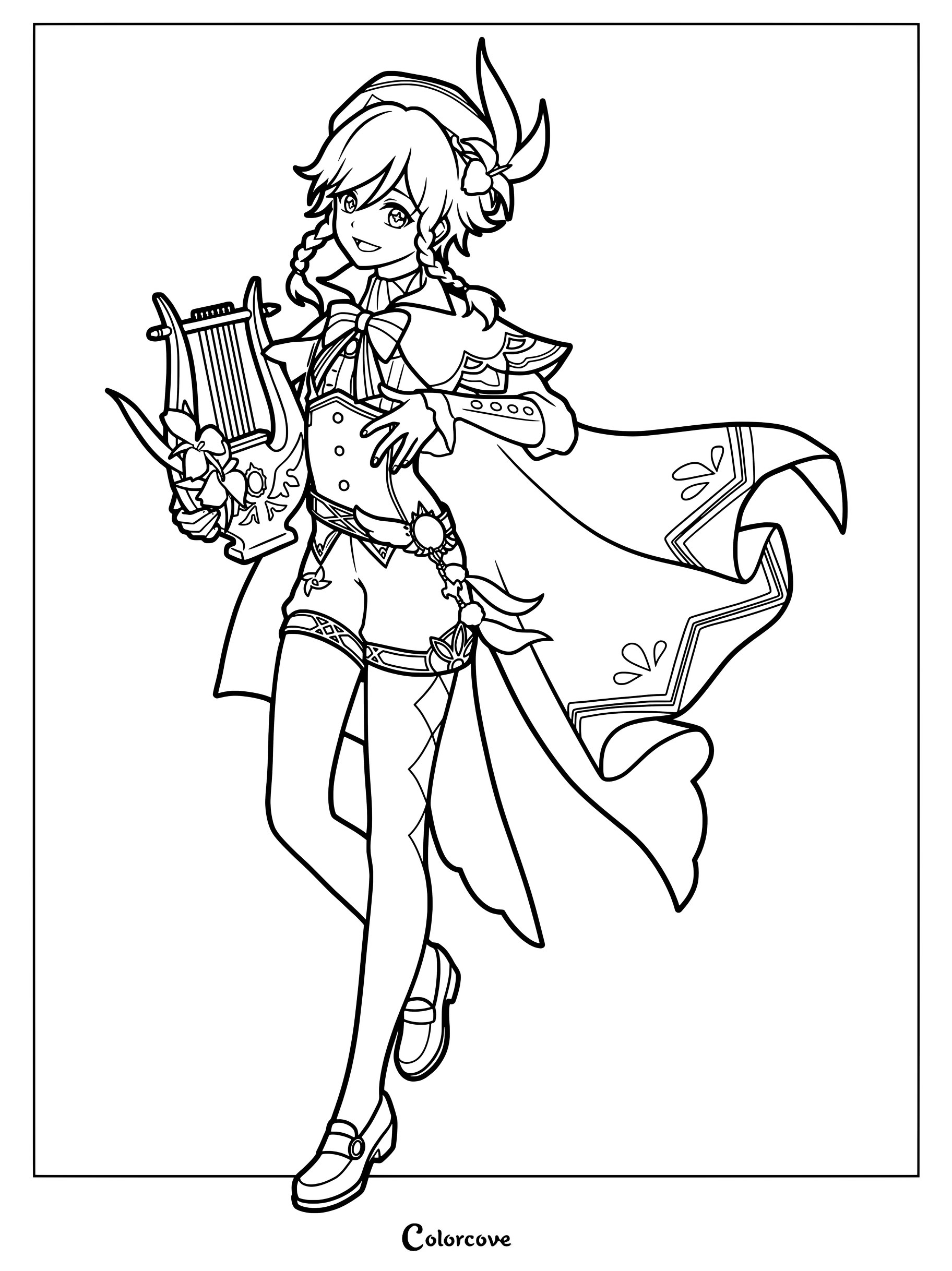 Venti holding a lyre in this Genshin Impact coloring page.