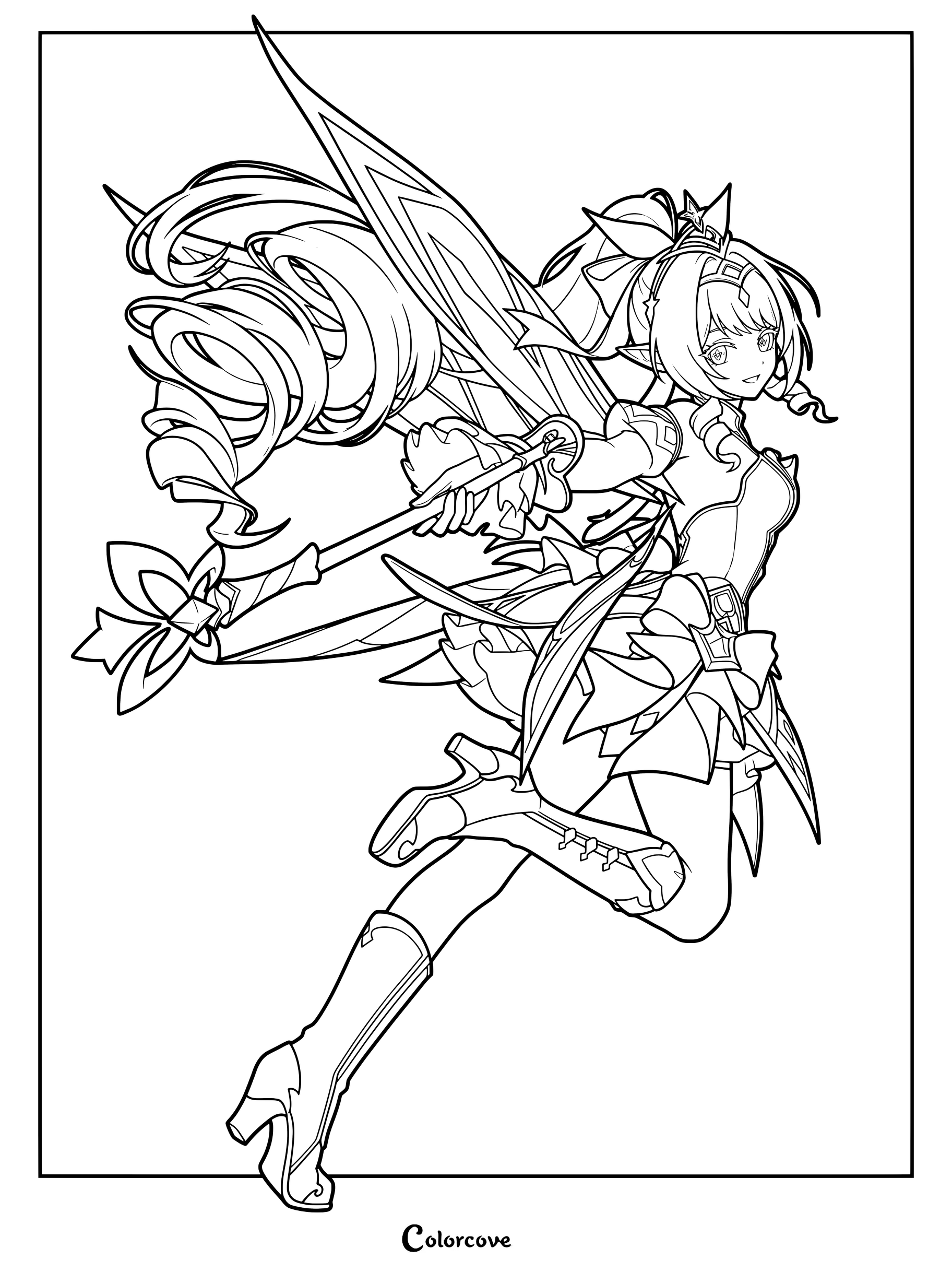 Vesna holding a sword in a dynamic pose for a Genshin Impact coloring page.