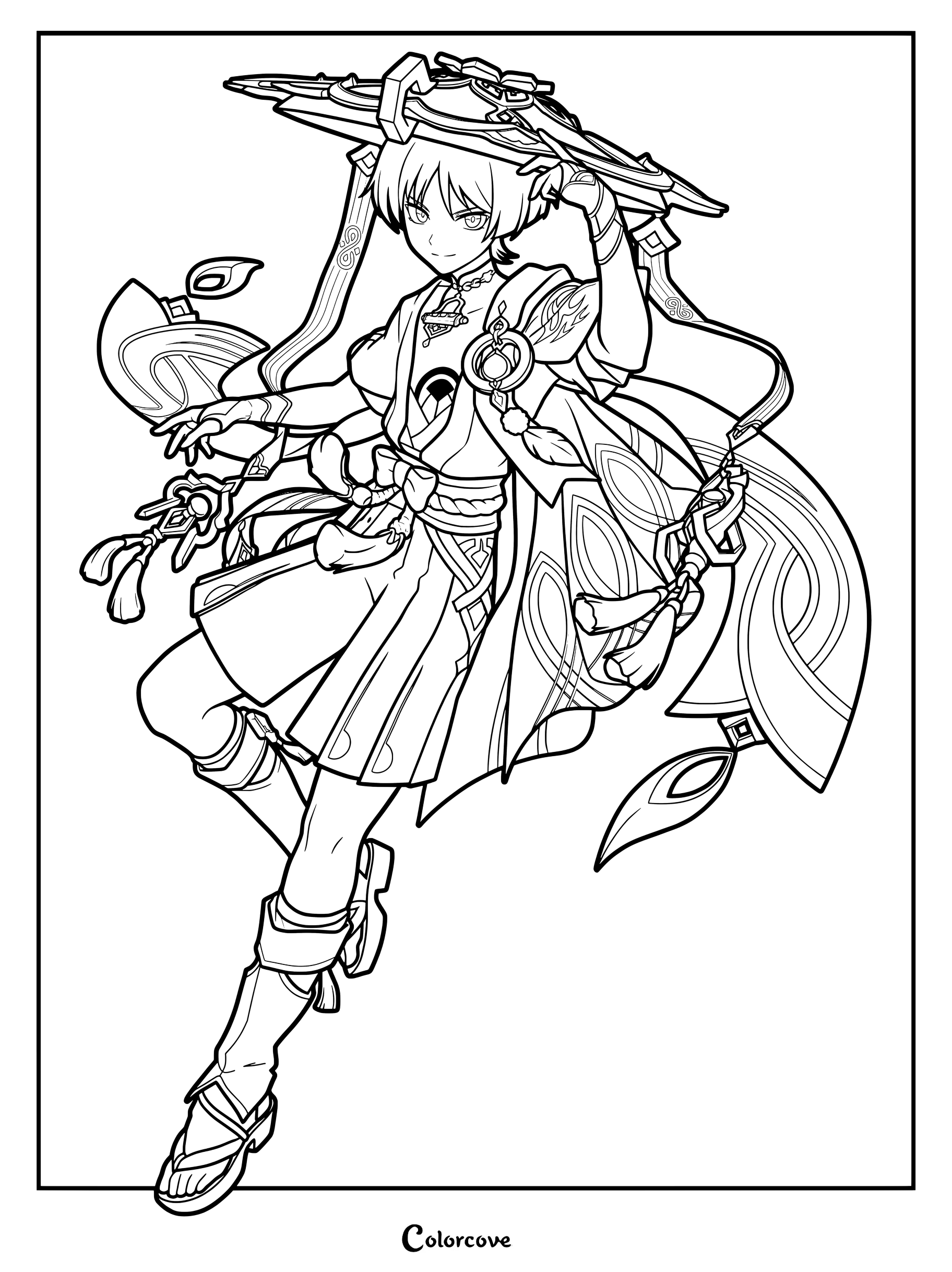 Wanderer coloring page from Genshin Impact featuring the character in a dynamic pose wearing a large traditional hat.
