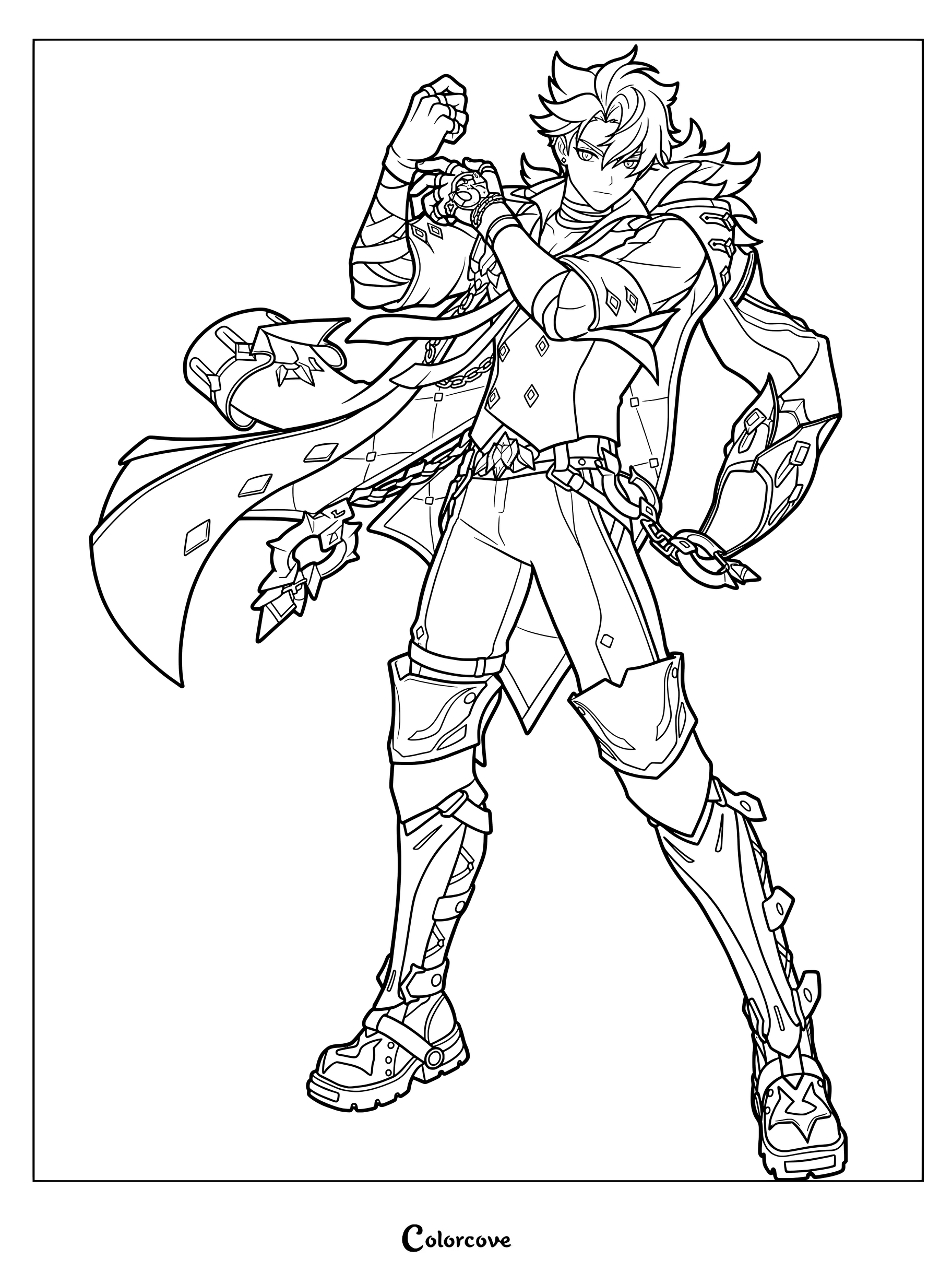 Wriothesley coloring page from Genshin Impact showing the character in his detailed outfit.