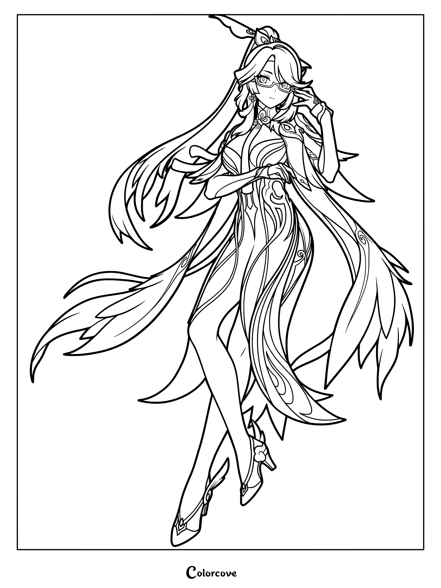 Xianyun coloring page from Genshin Impact featuring her elegant gown and flowing hair.