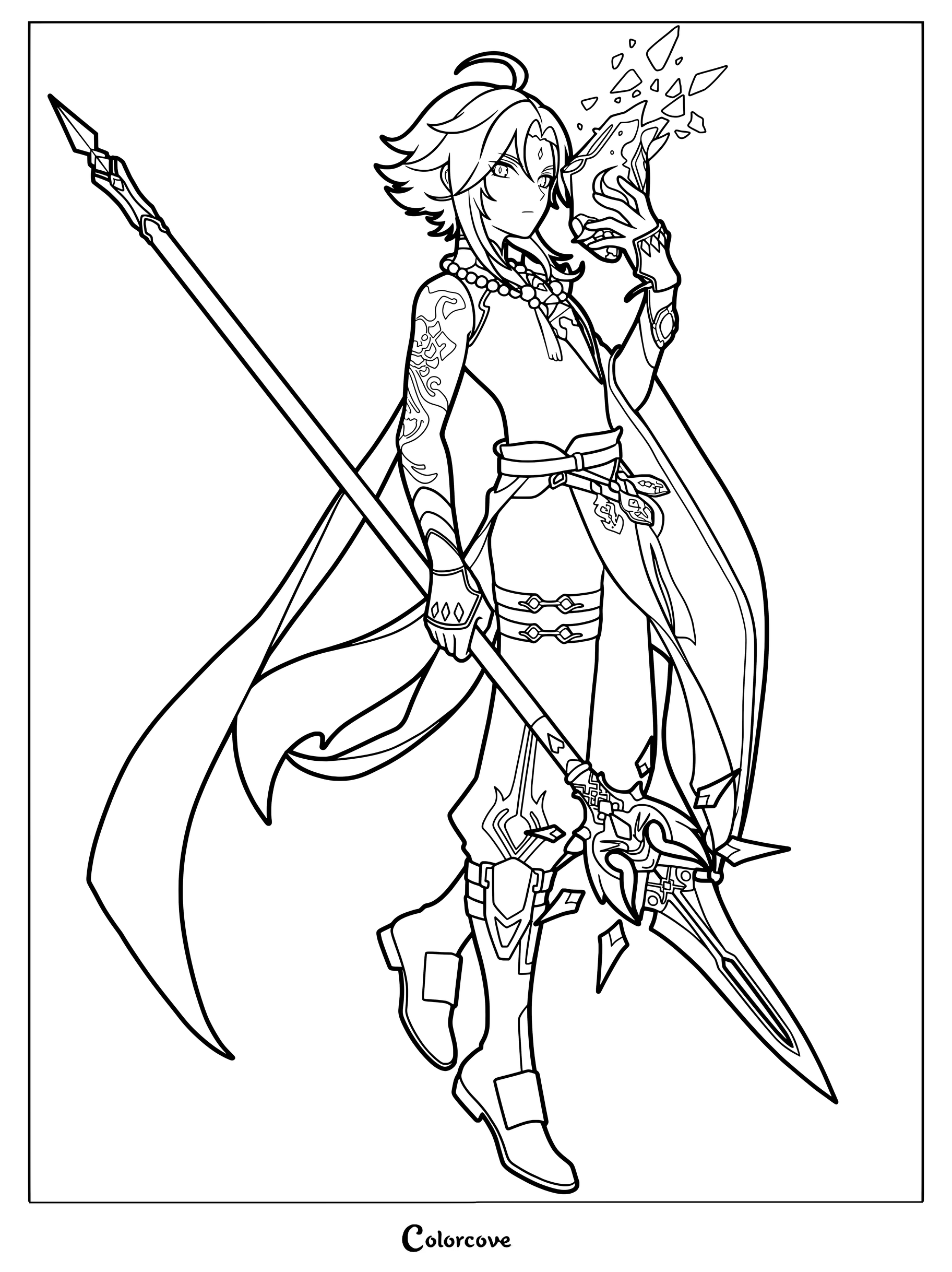 Xiao holding a polearm and crystal coloring page from Genshin Impact.