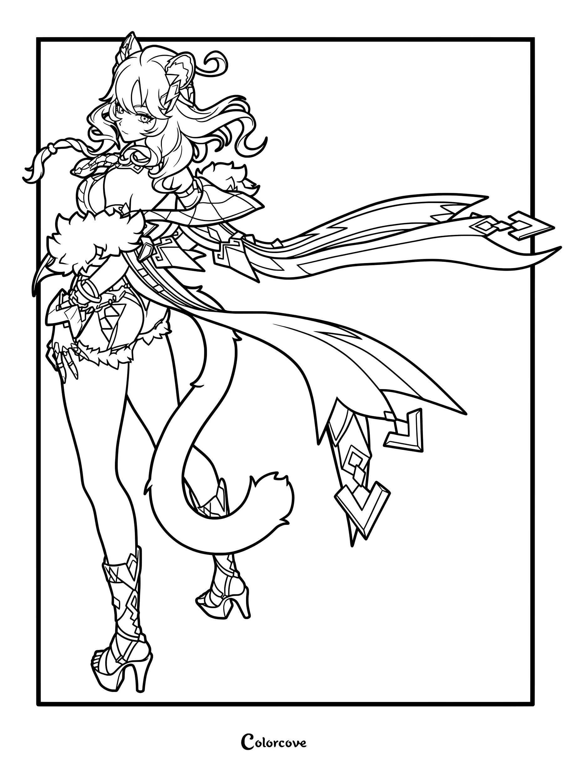 Xilonen coloring page from Genshin Impact featuring detailed character outline.