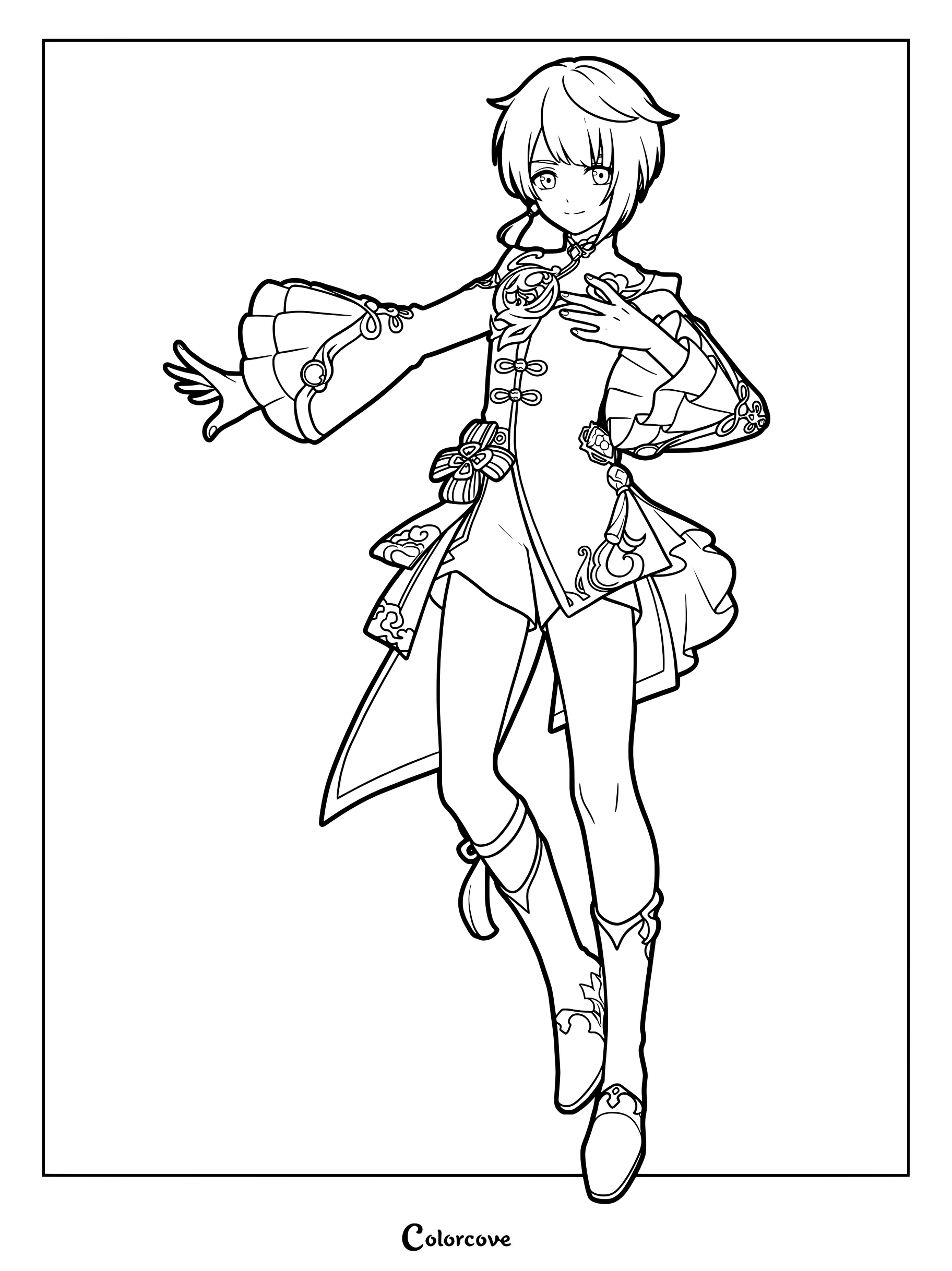Printable coloring page of Xingqiu from Genshin Impact in a dynamic pose.