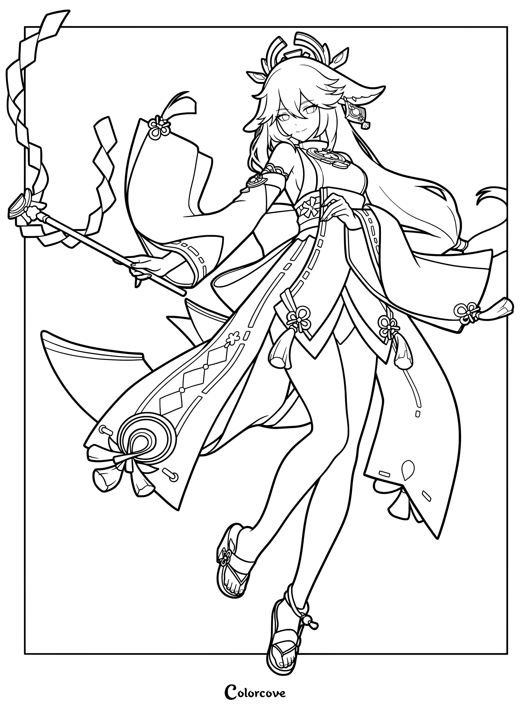Yae Miko line art coloring page from Genshin Impact.