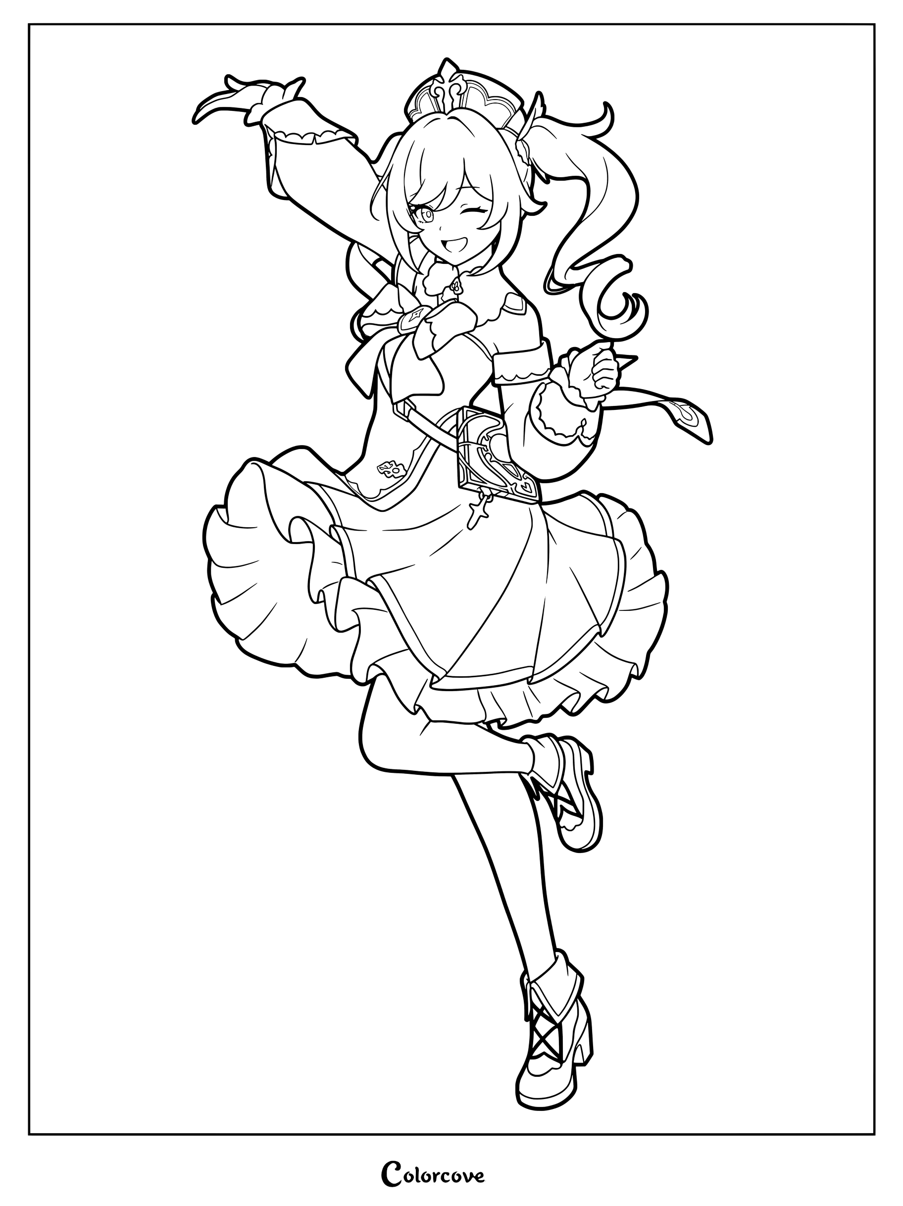 Barbara winking and dancing gracefully in this free Genshin Impact coloring page.
