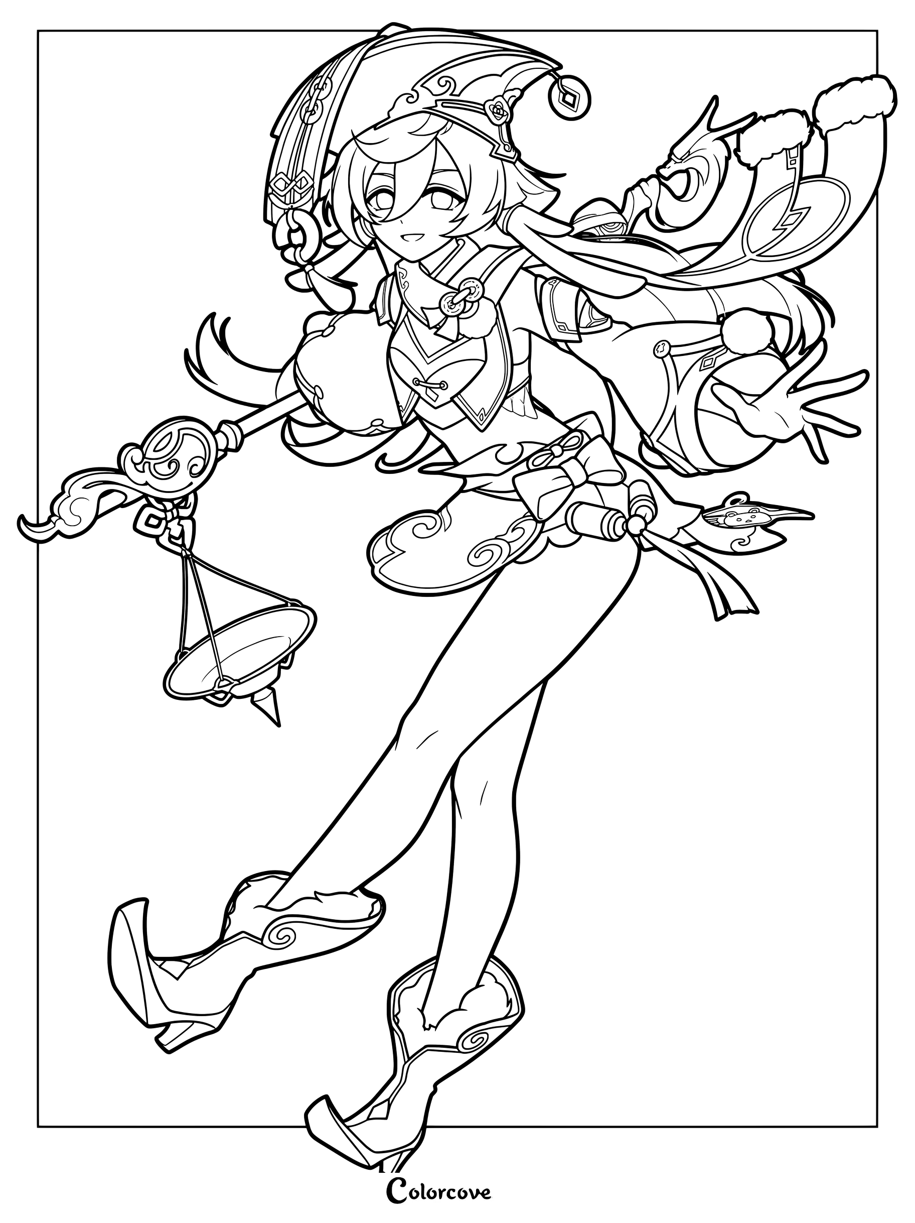 Printable coloring page of Yanfei holding a scale from Genshin Impact.