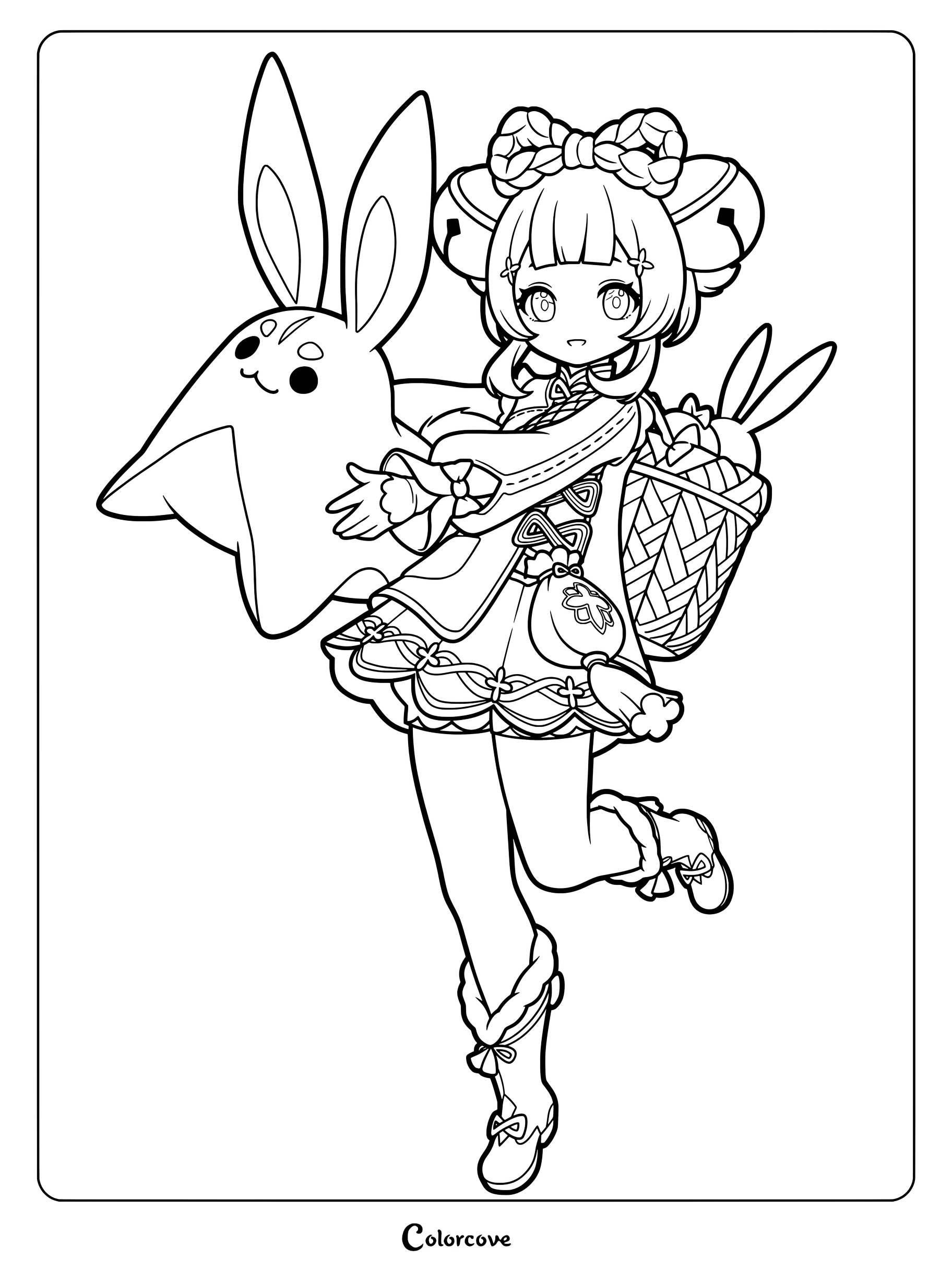 Yaoyao from Genshin Impact holding a stuffed rabbit doll with a basket on her back coloring page