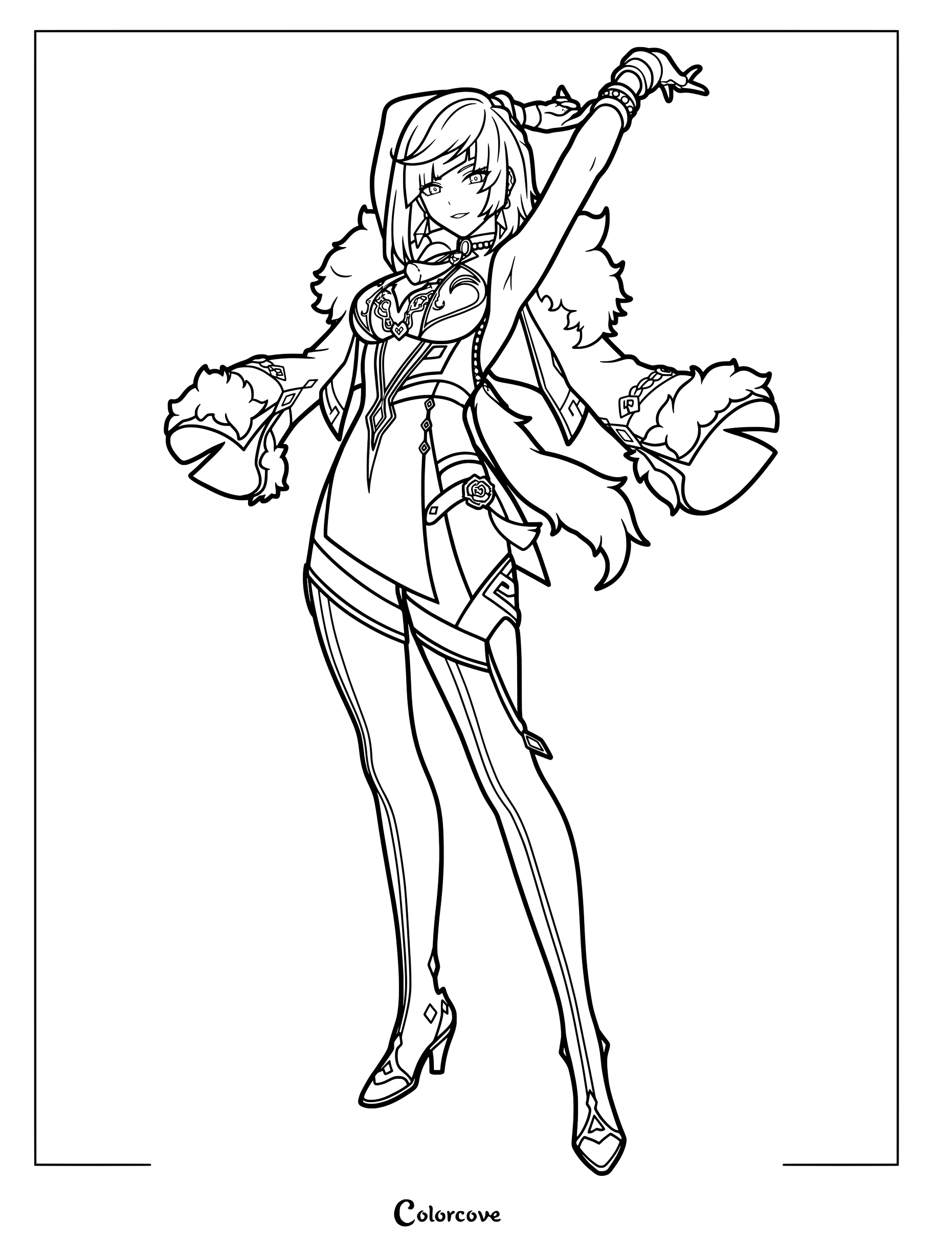 Yelan coloring page from Genshin Impact featuring her detailed coat and confident pose.