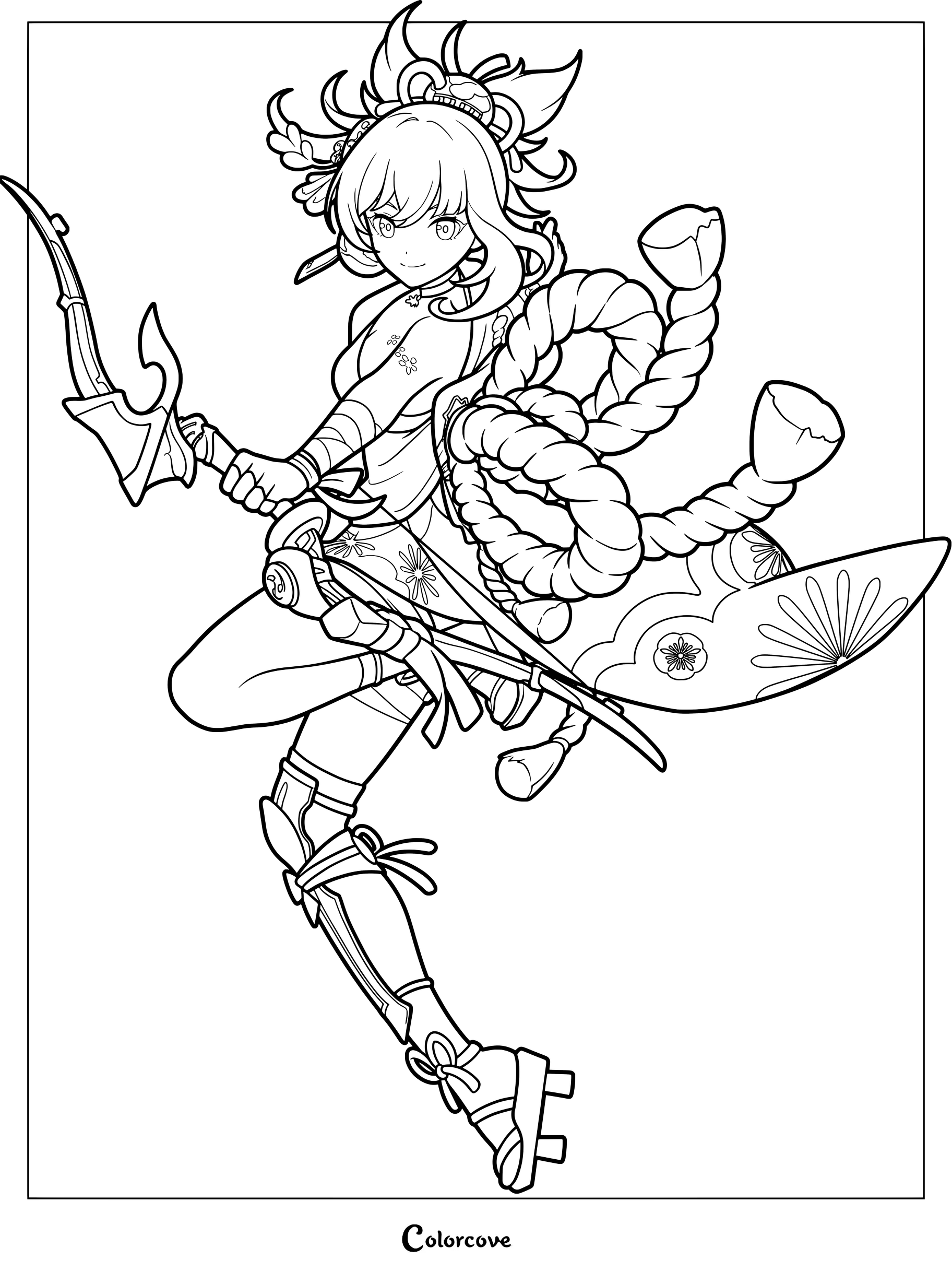 Yoimiya coloring page from Genshin Impact featuring the archer holding her bow and wearing traditional attire.