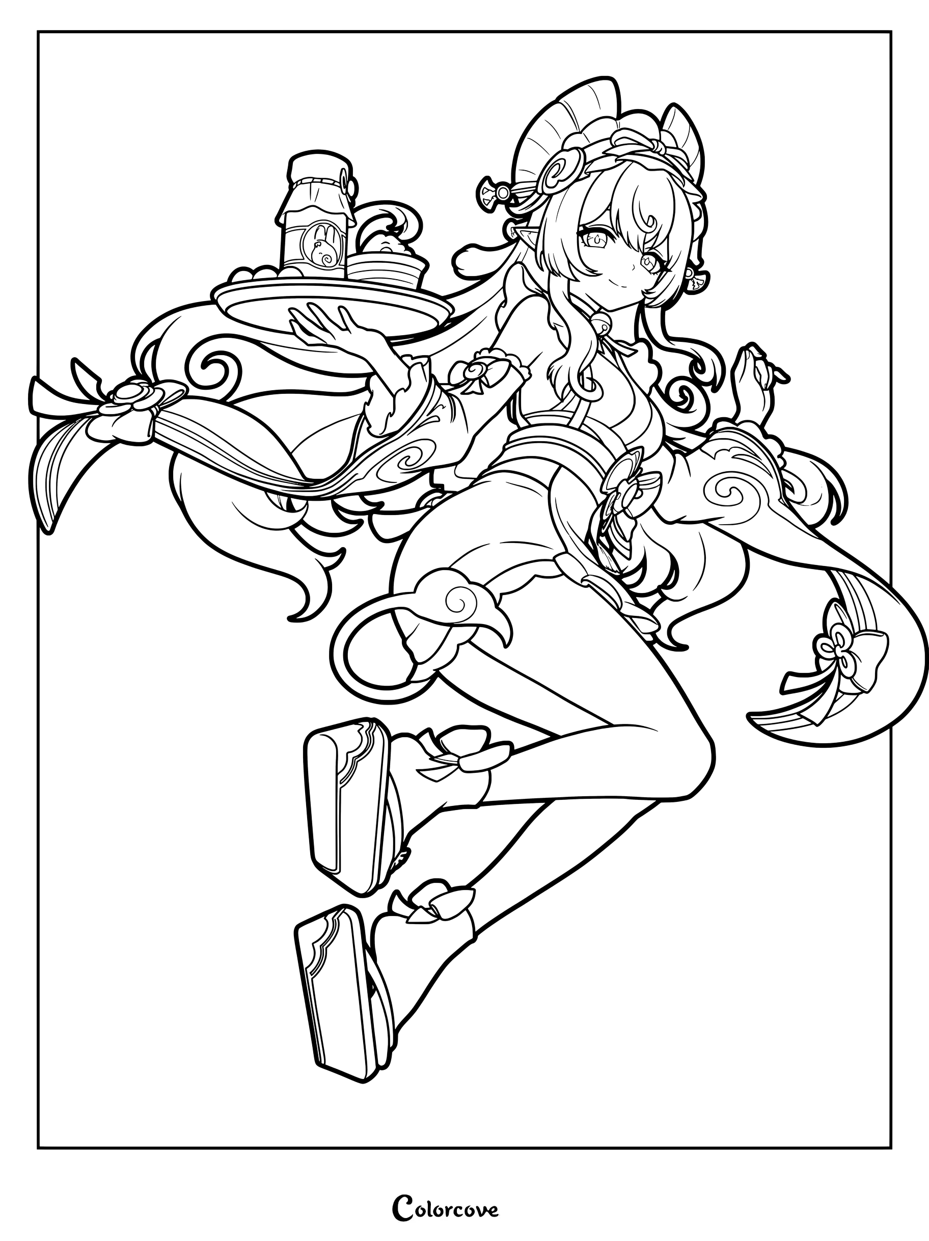 Yumemizuki Mizuki holding a serving tray from Genshin Impact coloring page.