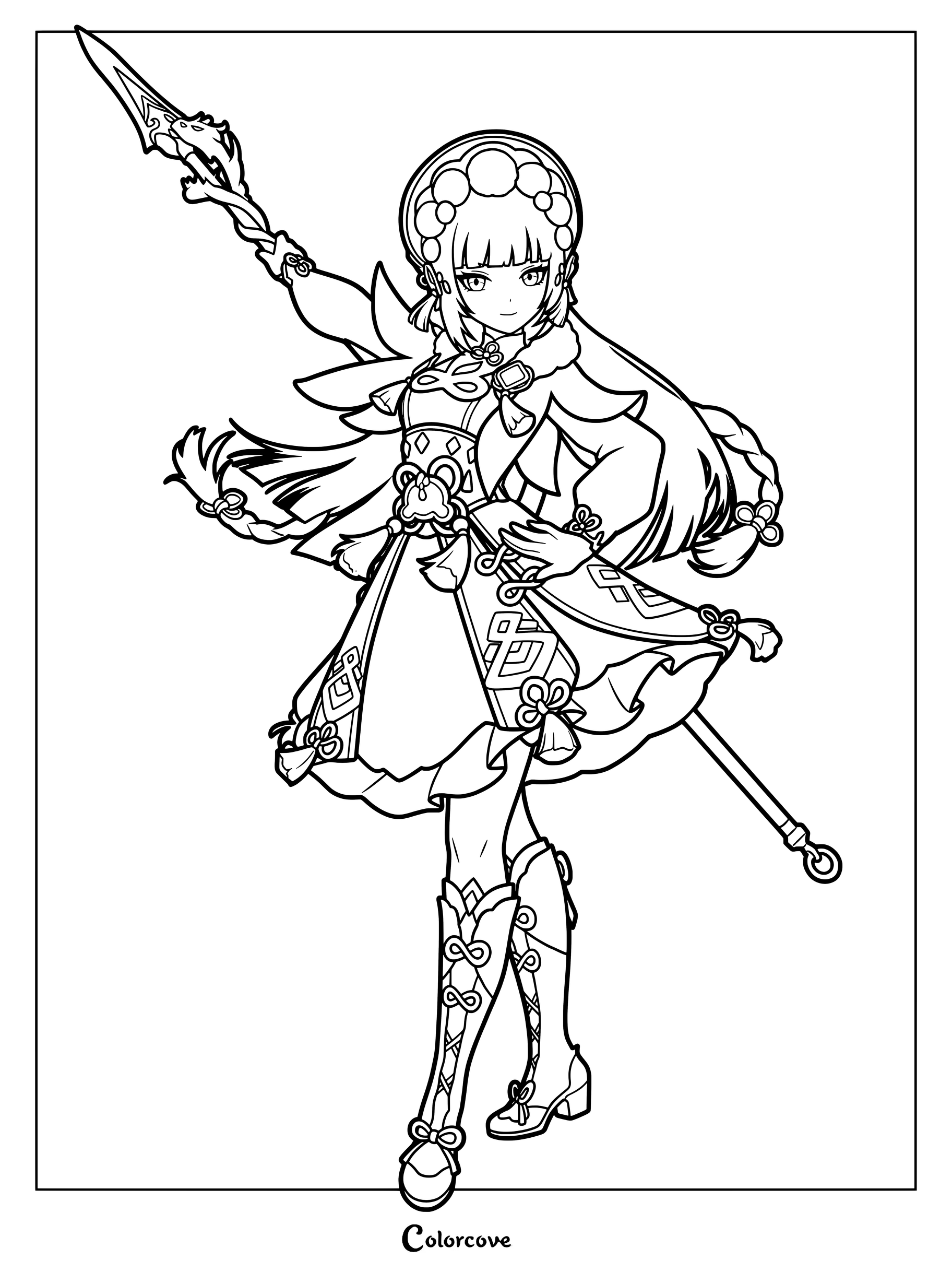 Yun Jin holding a polearm in a dynamic pose from Genshin Impact coloring page
