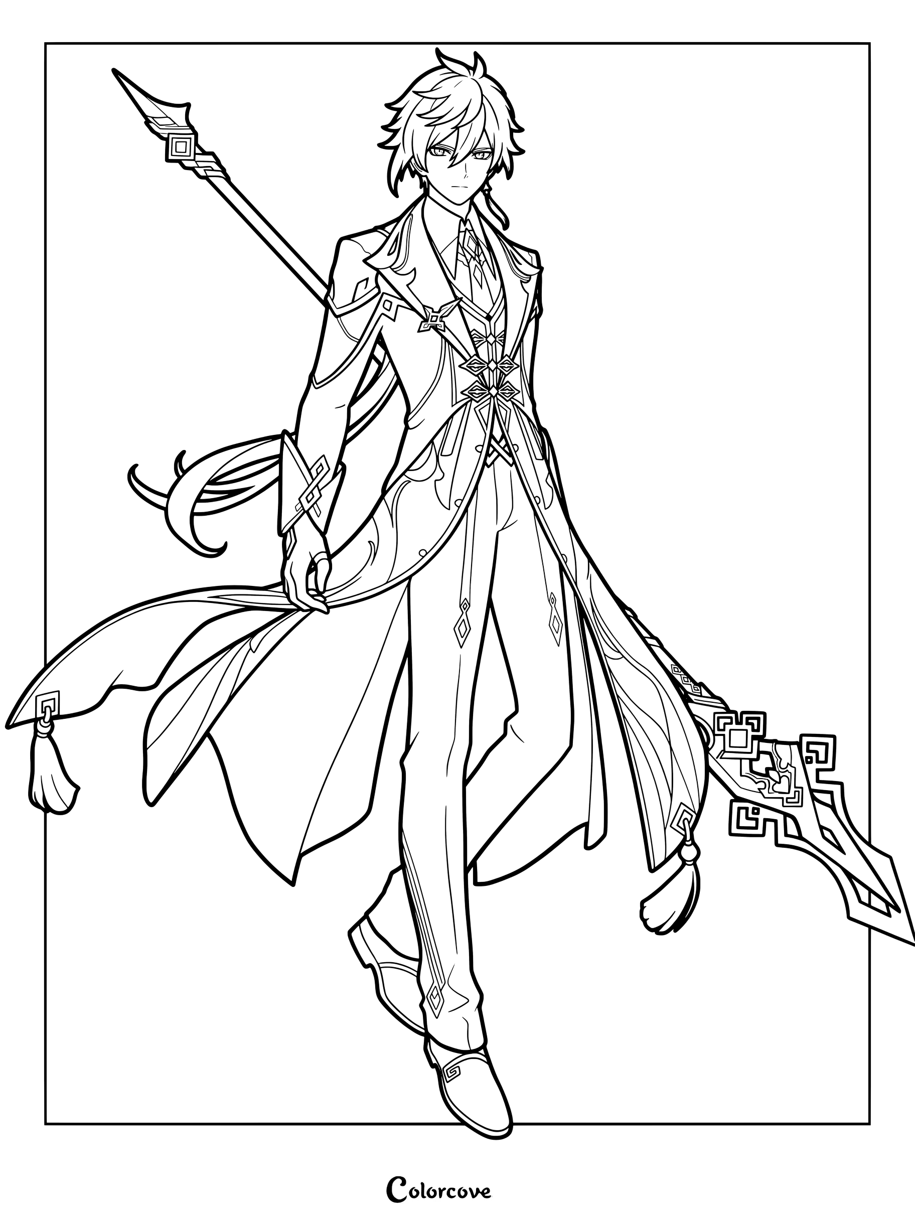 Zhongli holding a polearm in a printable Genshin Impact coloring page.