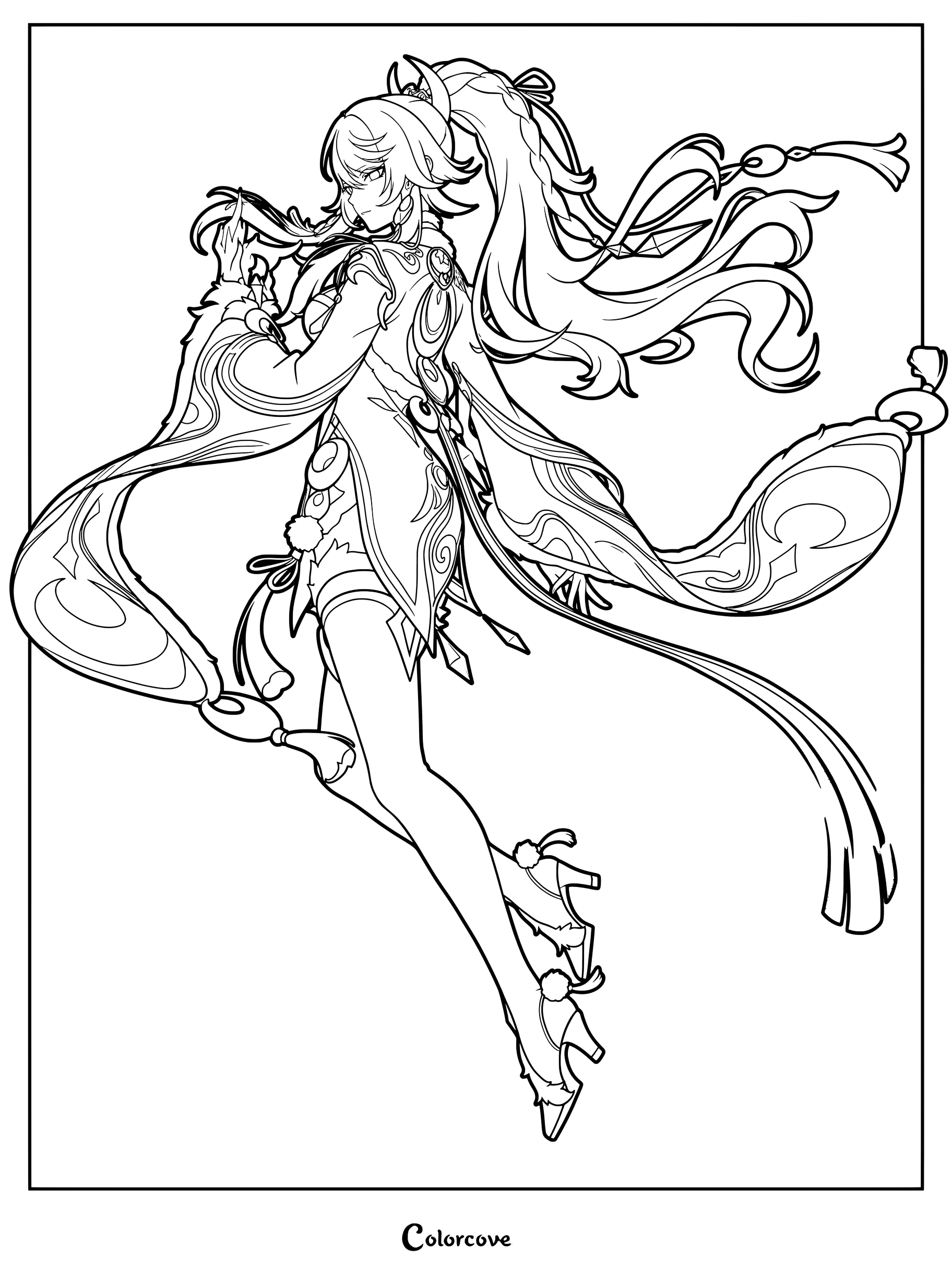 Zibai from Genshin Impact shown in a dynamic pose with flowing hair and detailed traditional outfit in a printable coloring page.