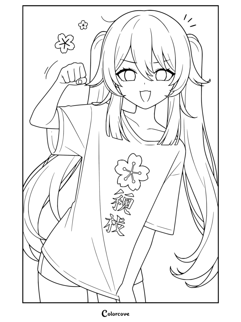 Coloriage gratuit de Hu Tao dans Genshin Impact avec des couettes brunes, des yeux rouges et un t-shirt blanc orné d'un motif de fleur de cerisier.