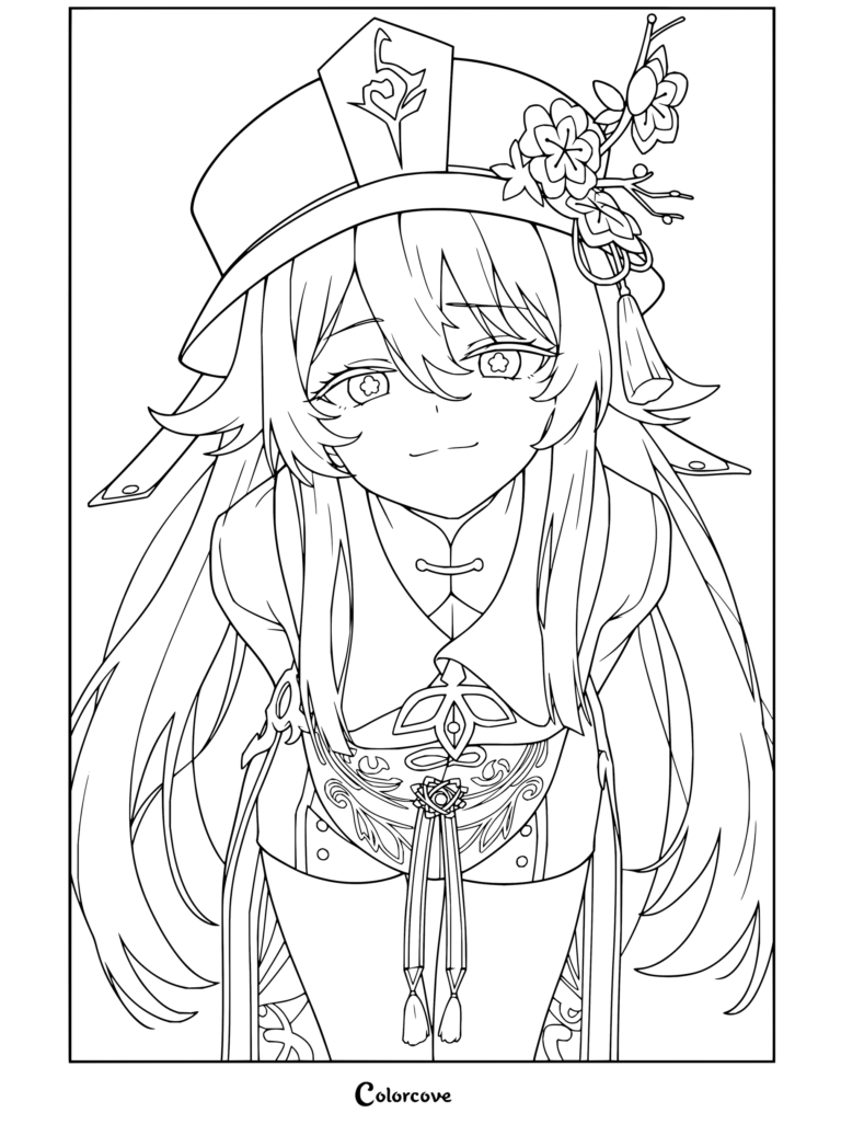 Coloriage de Genshin Impact représentant Hu Tao coiffée de sa toque sombre emblématique ornée de fleurs de prunier, penchée en avant avec un sourire subtil.