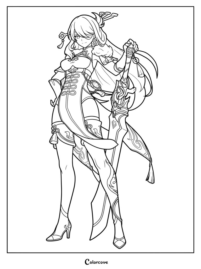 Beidou coloring page from Genshin Impact holding a claymore.
