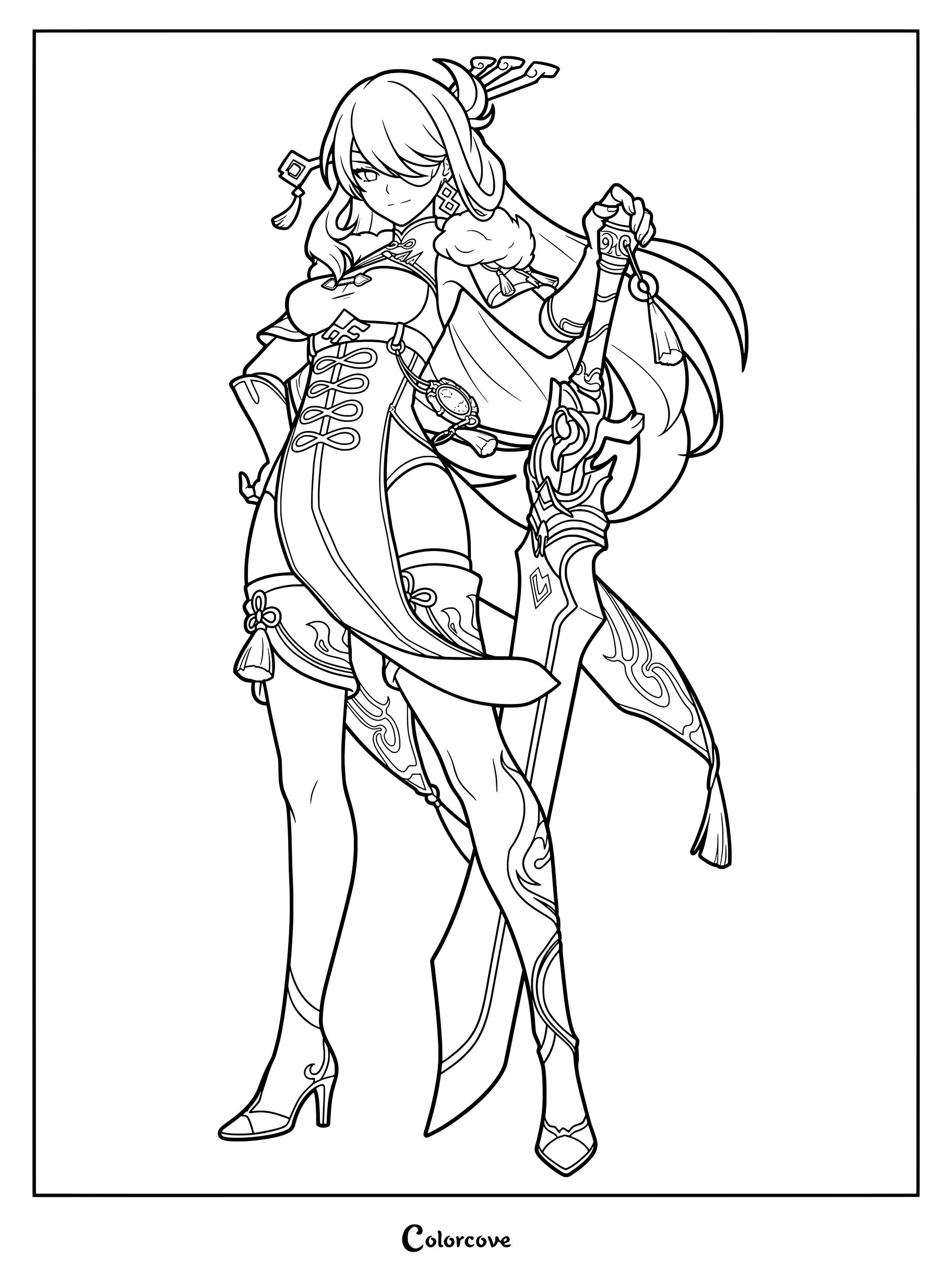 Beidou coloring page from Genshin Impact holding a claymore.