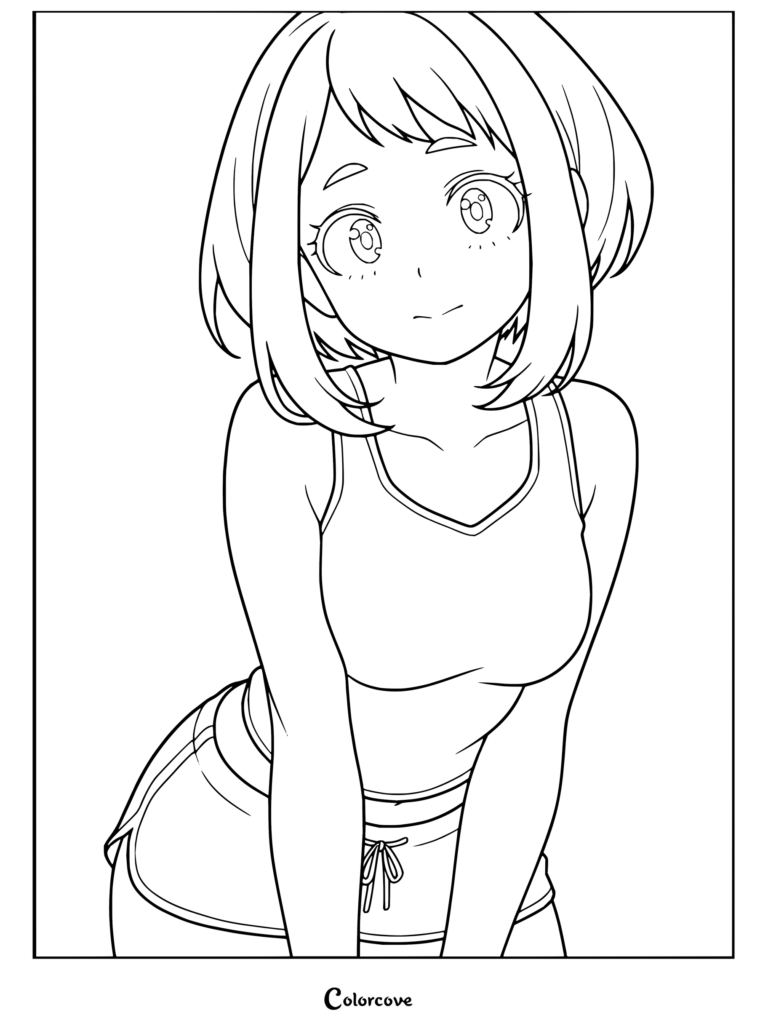 Ochaco Uraraka de My Hero Academia portant un débardeur bleu clair et un short de sport, proposée en coloriage à imprimer Genshin Impact.