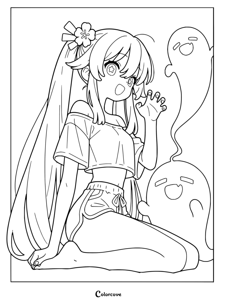 Coloriage à imprimer gratuit de Hu Tao de Genshin Impact assise avec son compagnon fantomatique Boo Tao.