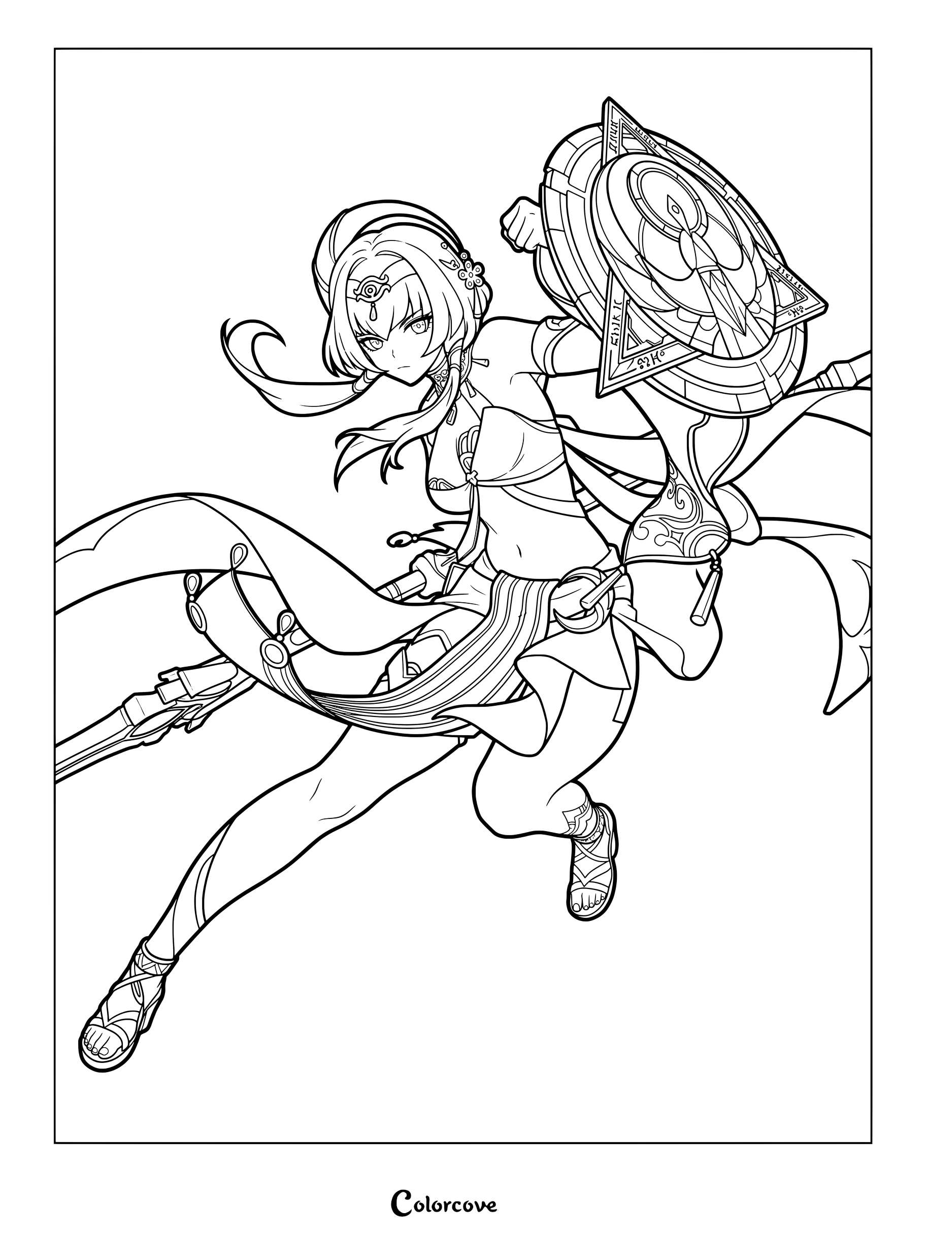 Candace wielding her polearm and shield in a dynamic combat pose, featured in a Genshin Impact coloring page.
