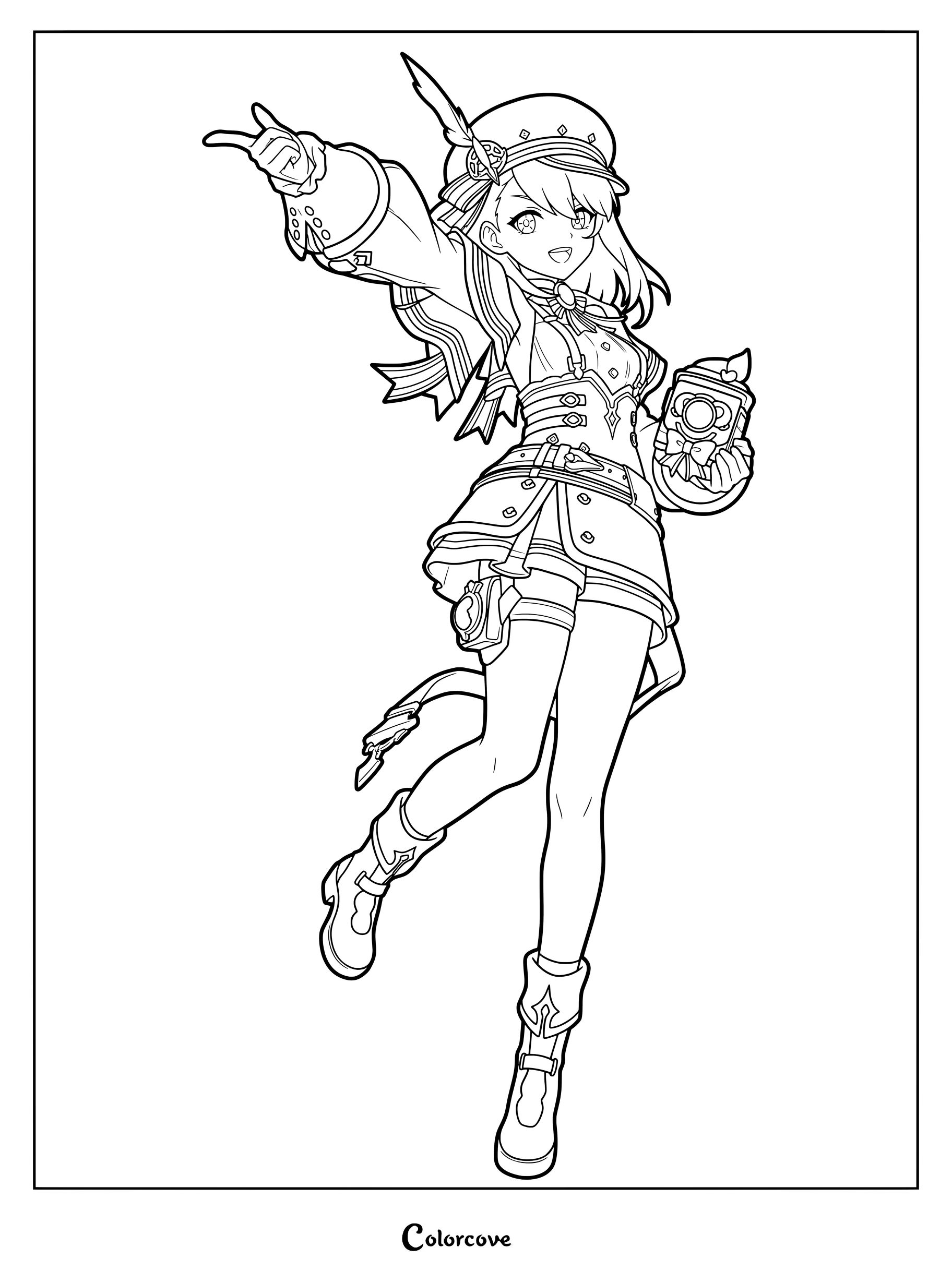Printable coloring page of Charlotte from Genshin Impact pointing forward while holding her camera.