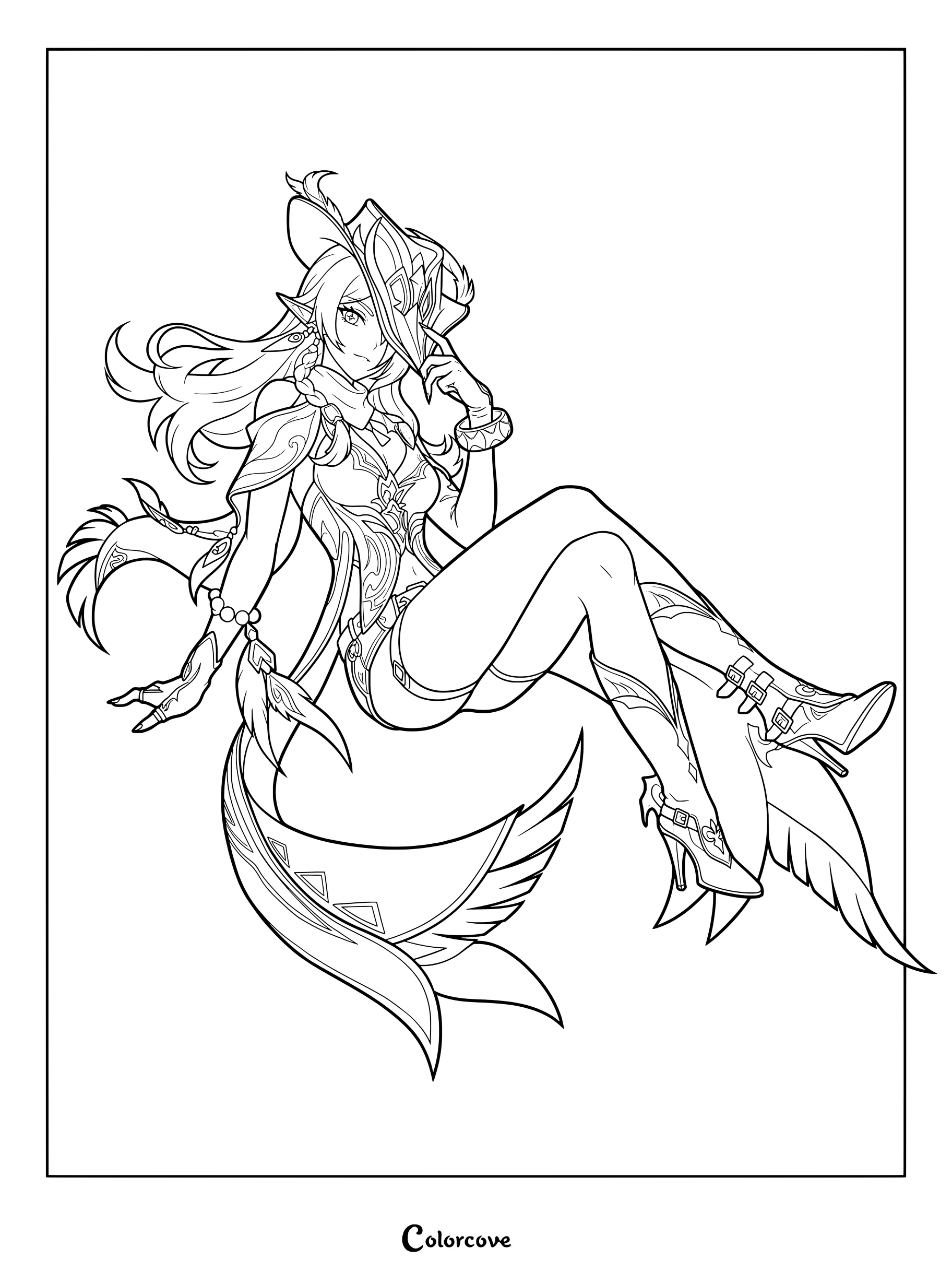 Chasca coloring page featuring character from Genshin Impact.