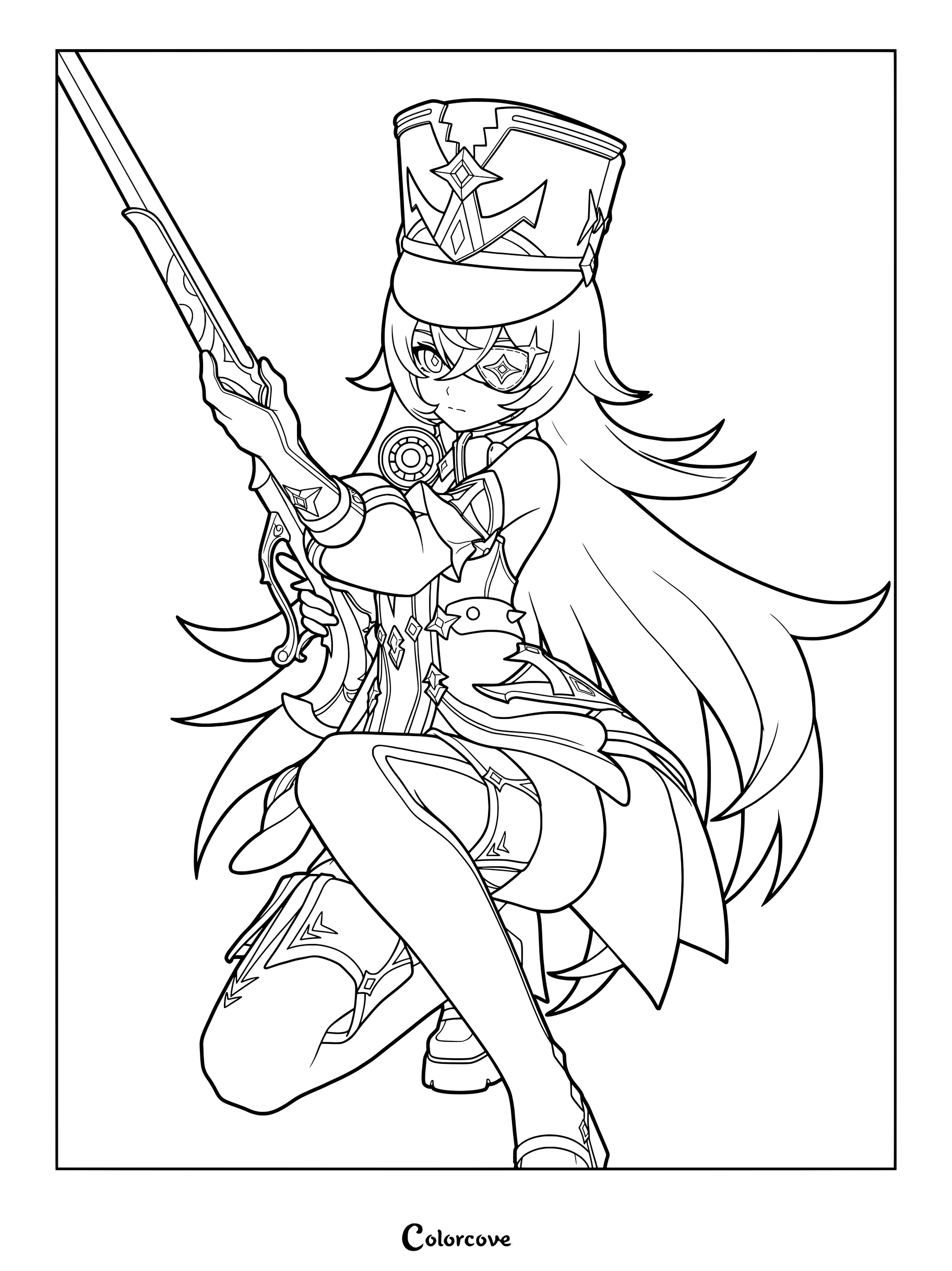 Chevreuse holding a rifle from Genshin Impact coloring page.
