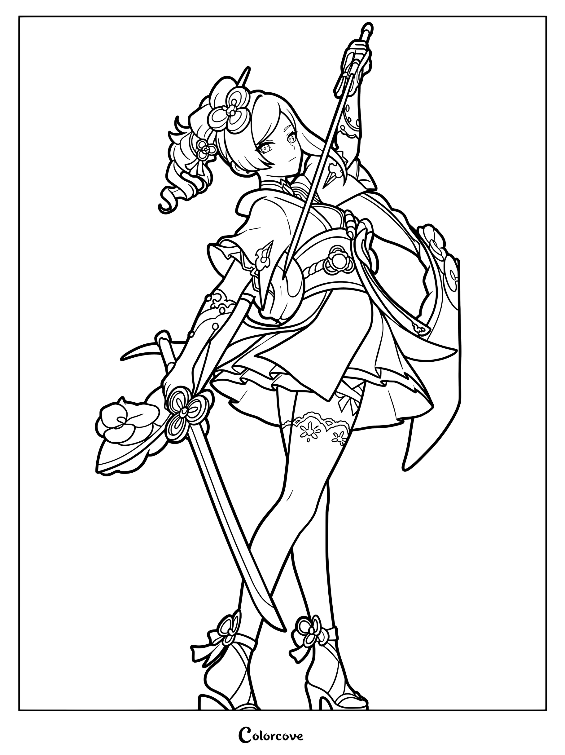 Chiori holding a sword in this printable coloring page from Genshin Impact.