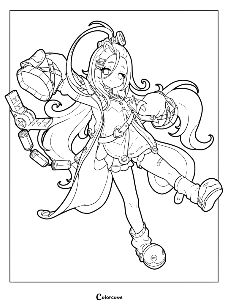 Aino from Genshin Impact in a dynamic pose coloring page.