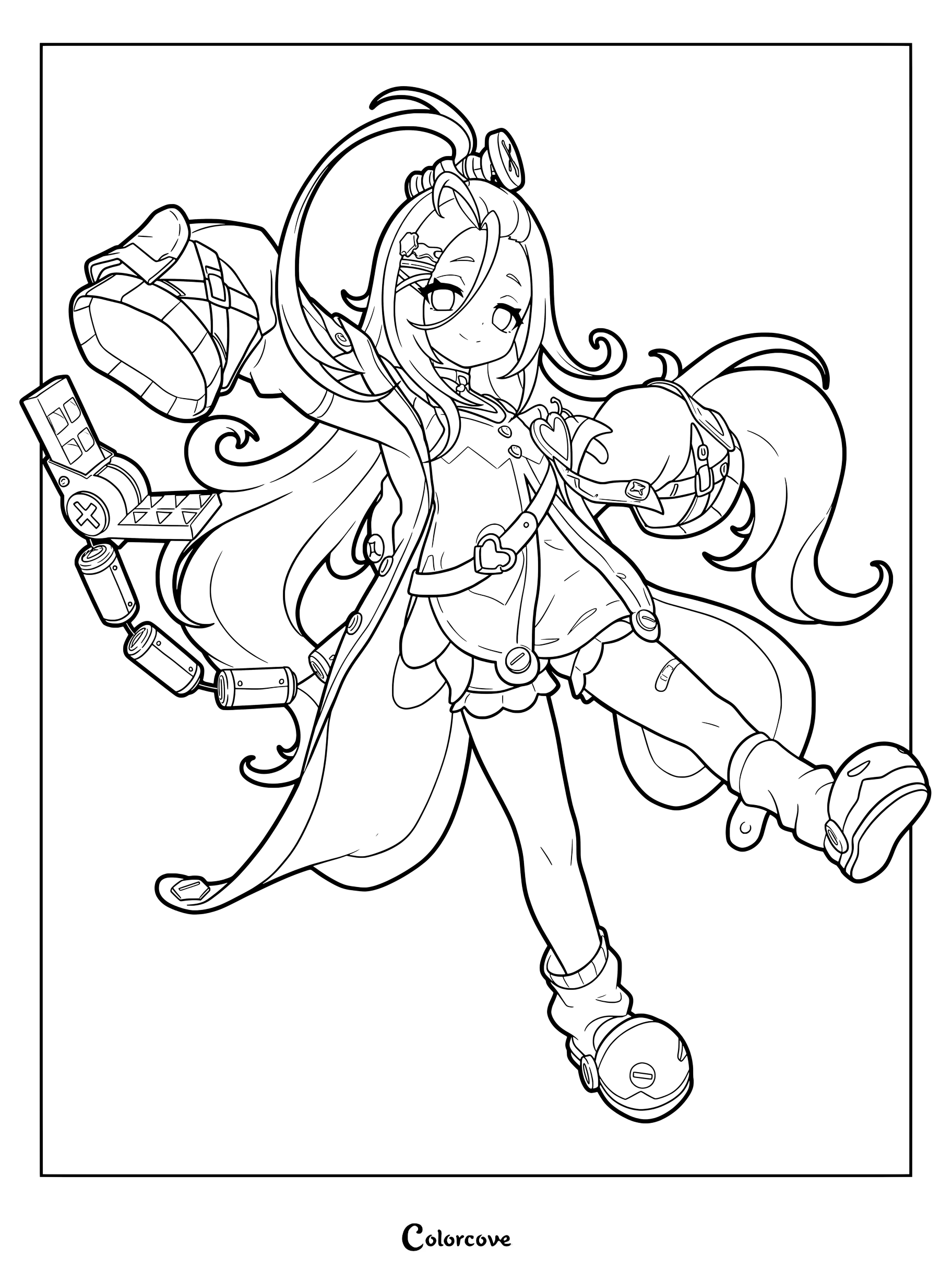 Aino from Genshin Impact in a dynamic pose coloring page.