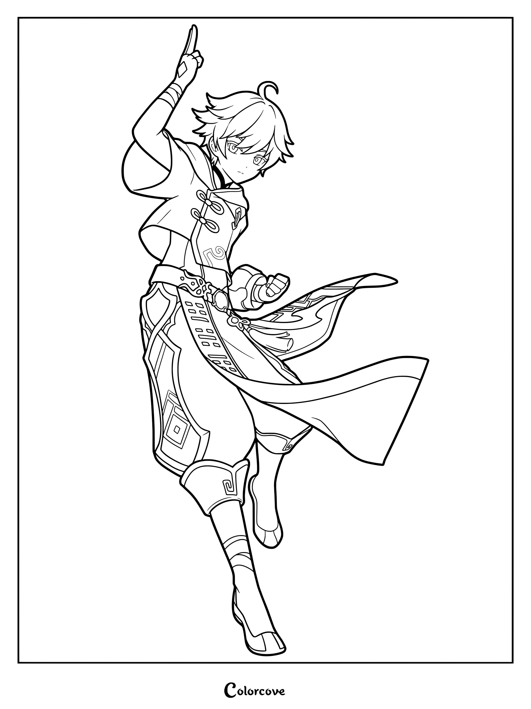 Chongyun from Genshin Impact pointing upward in a dynamic pose line art coloring page