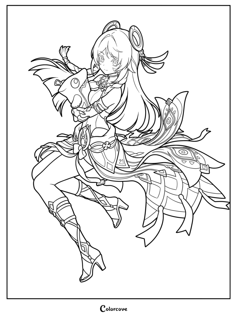 Citlali in a dynamic floating pose holding a spirit companion as a Genshin Impact coloring page.