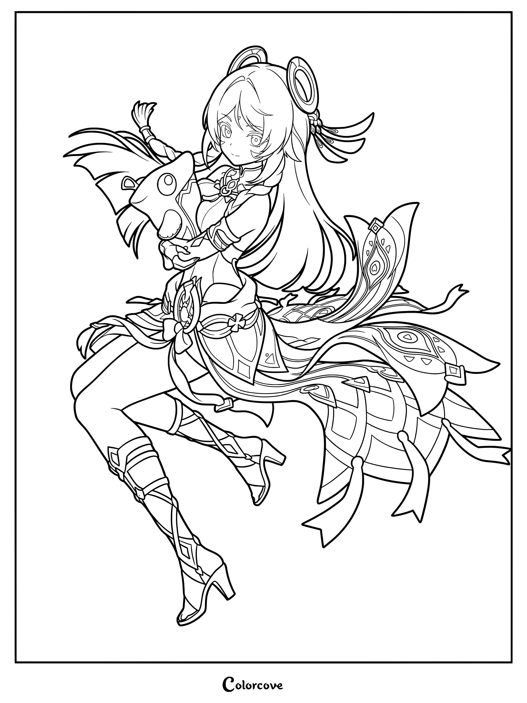 Citlali in a dynamic floating pose holding a spirit companion as a Genshin Impact coloring page.