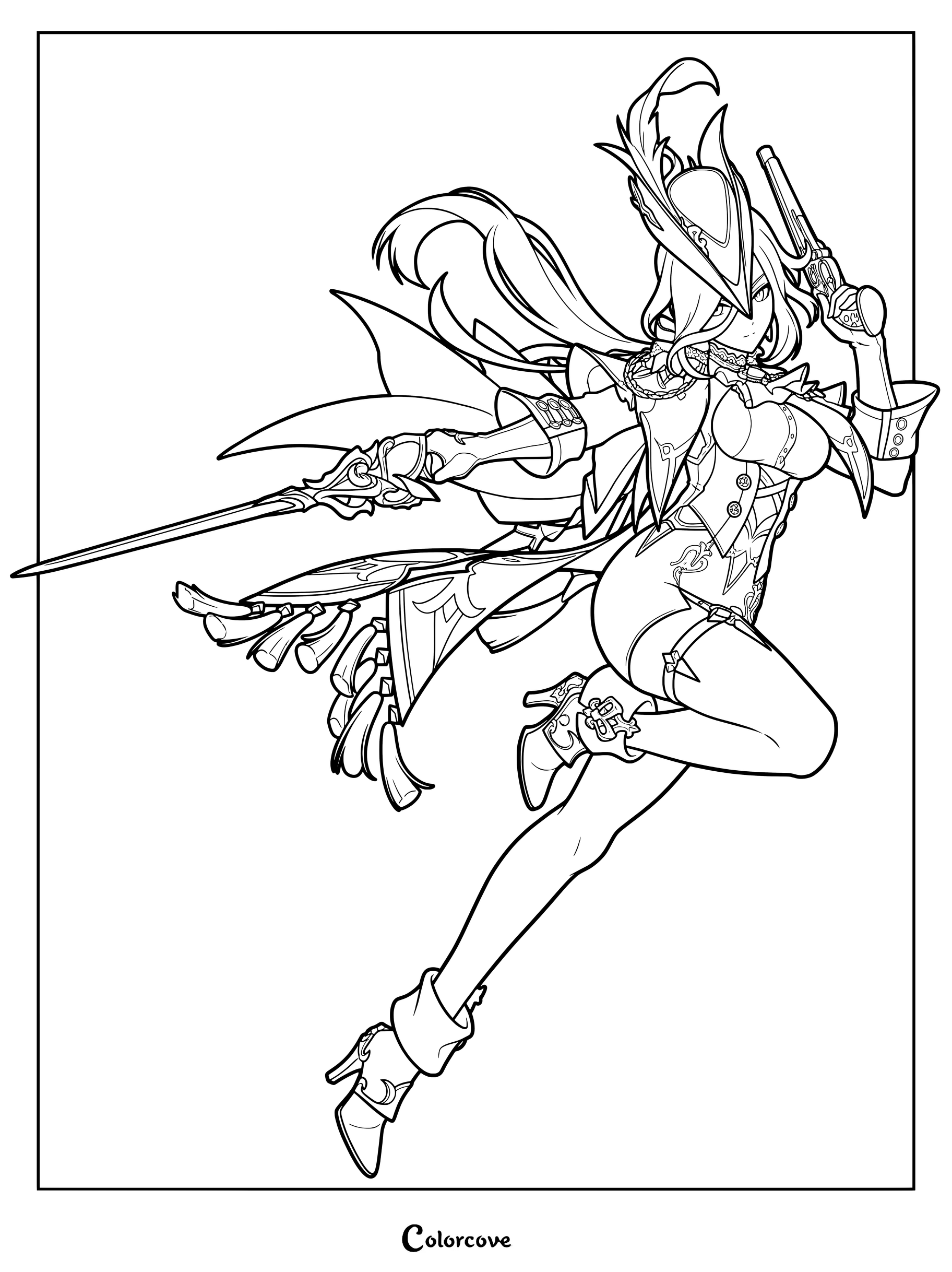 Clorinde wielding a sword and pistol in a dynamic battle pose for a Genshin Impact coloring page.