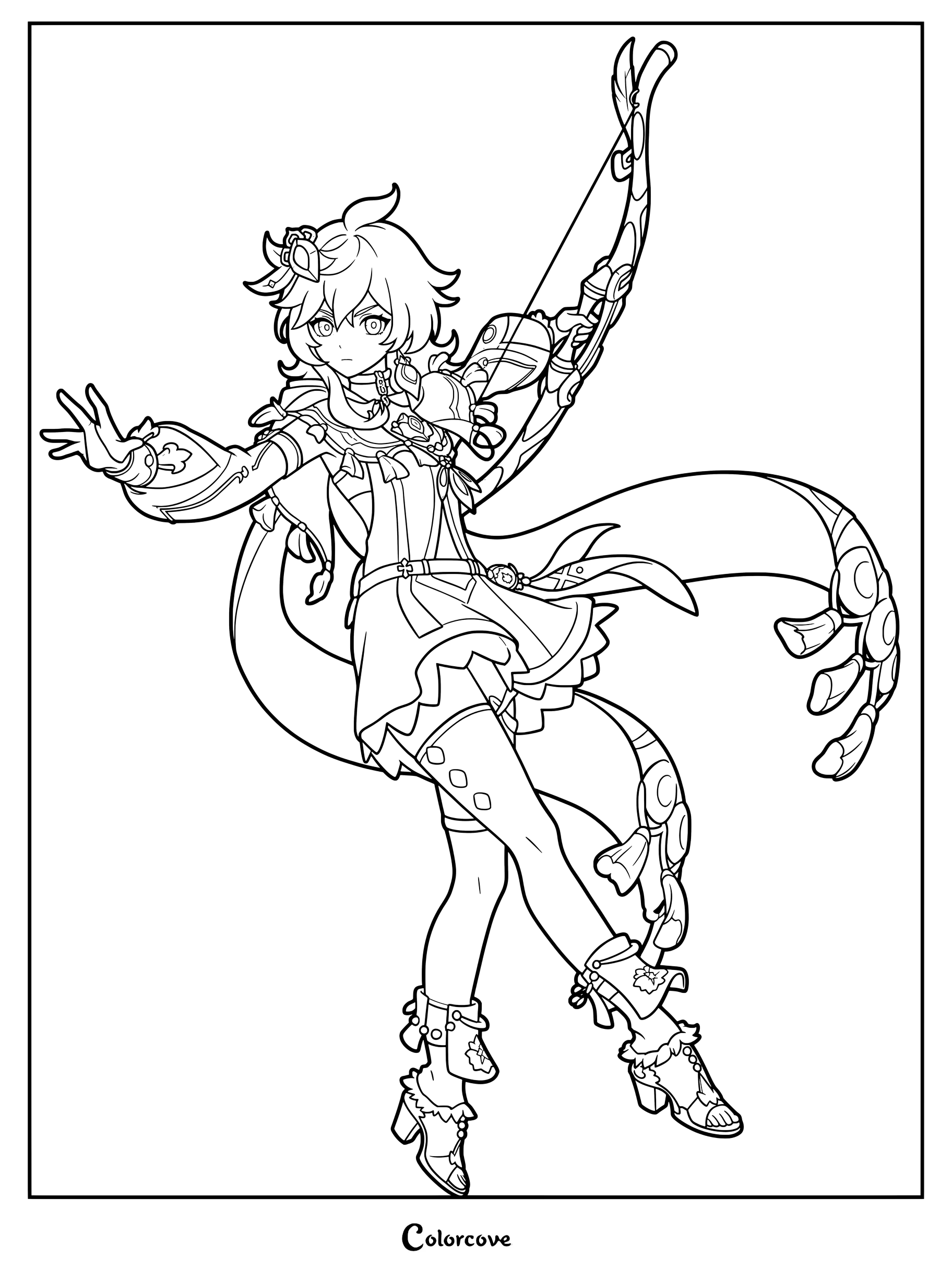 Collei holding a bow in a dynamic pose for a Genshin Impact coloring page.