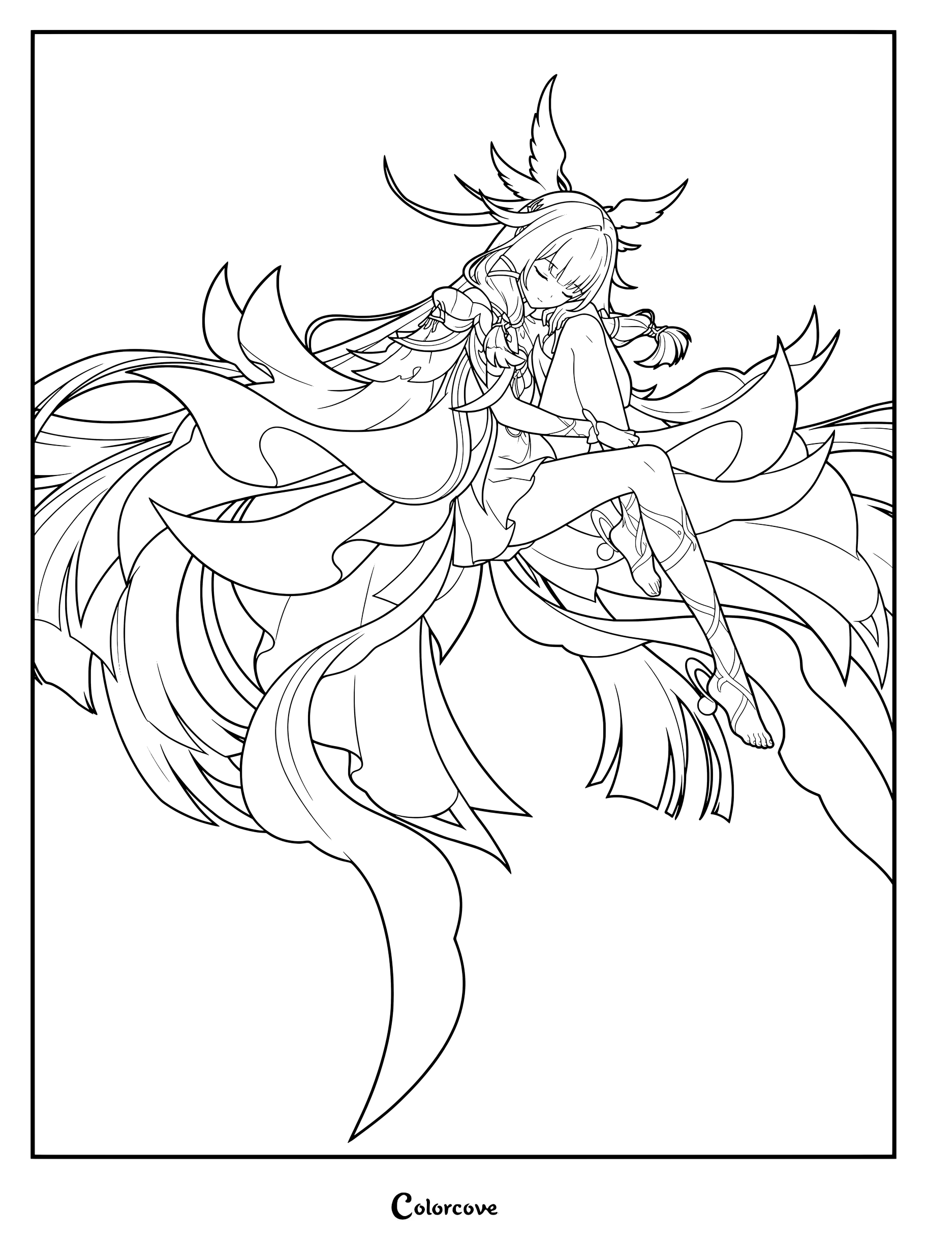 Columbina Hyposelenia coloring page from Genshin Impact featuring flowing hair and intricate clothing lines.