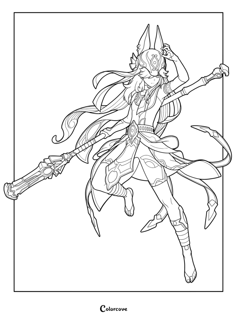 Cyno from Genshin Impact holding a polearm in an action pose coloring page
