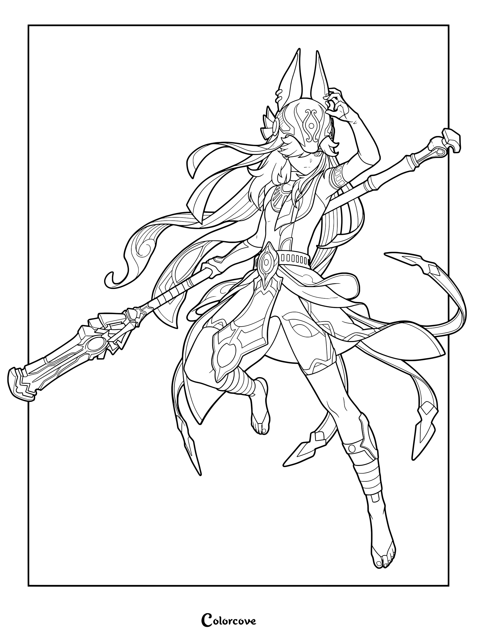 Cyno from Genshin Impact holding a polearm in an action pose coloring page