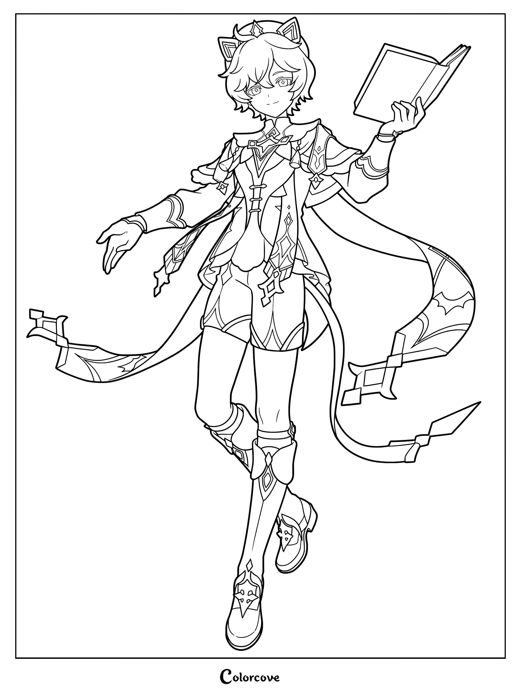 Printable coloring page of Dahlia from Genshin Impact holding an open book and wearing his signature outfit.