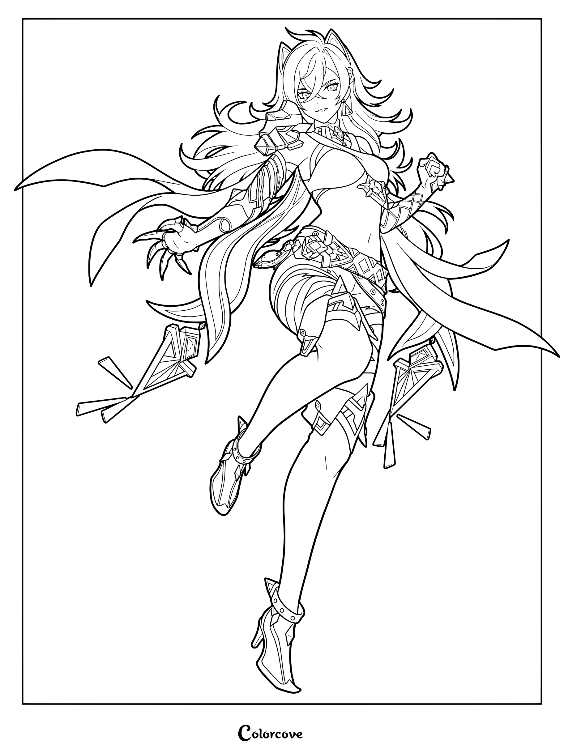 Dehya coloring page from Genshin Impact featuring her in a dynamic action pose.