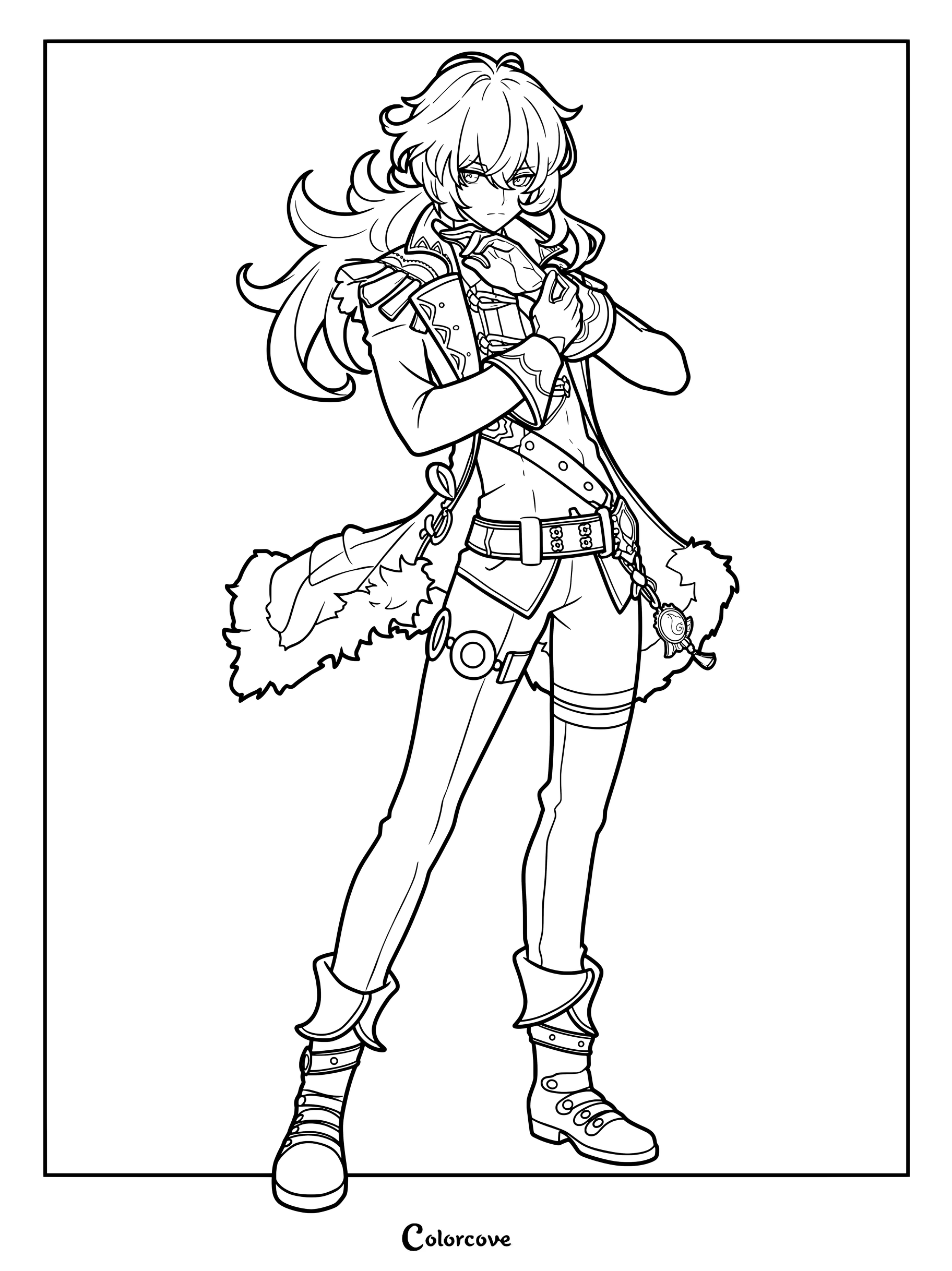 Diluc coloring page from Genshin Impact featuring detailed line art of the Pyro claymore user in his signature outfit.