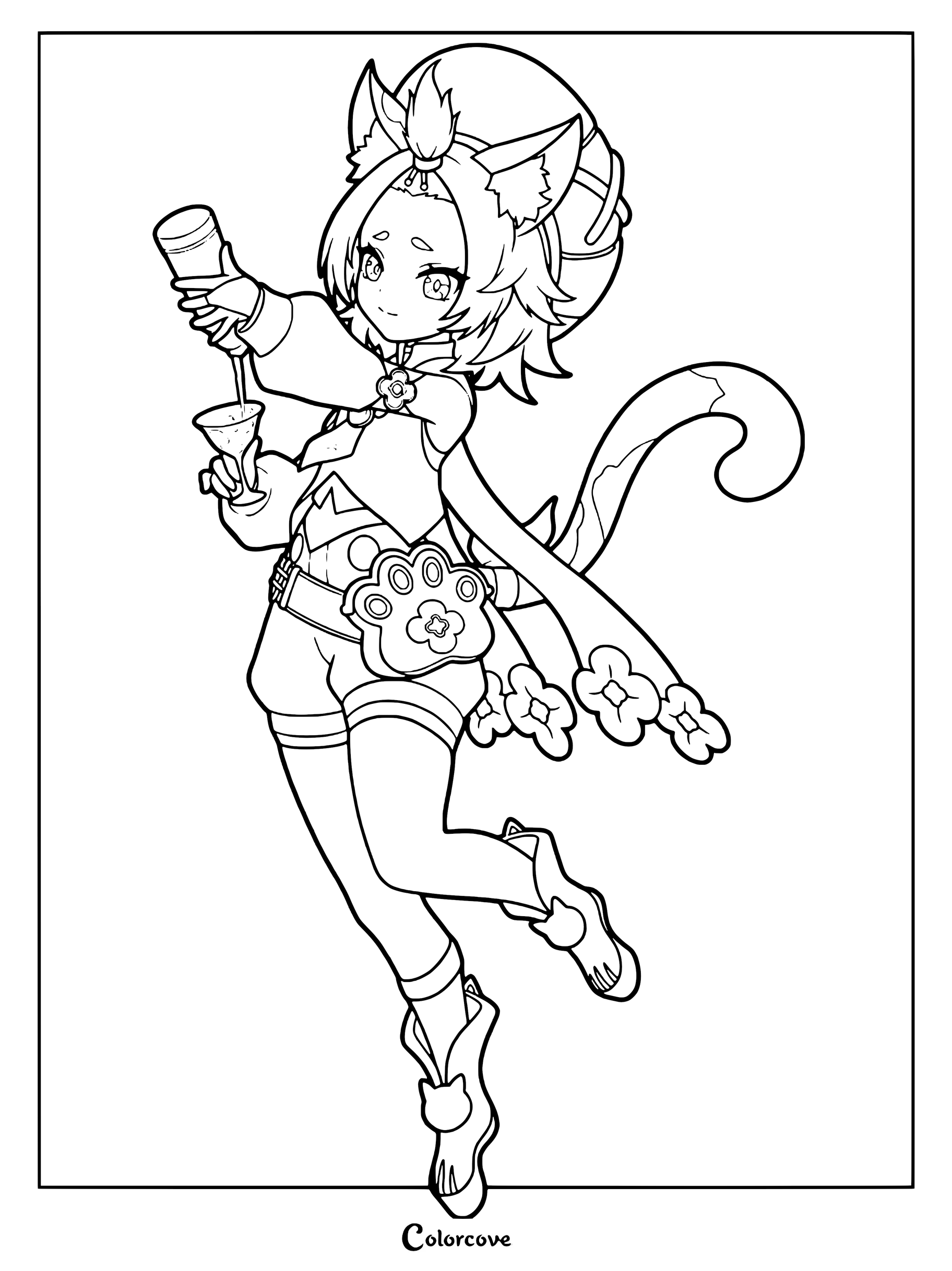Diona from Genshin Impact pouring a drink into a glass, featured as a printable coloring page.