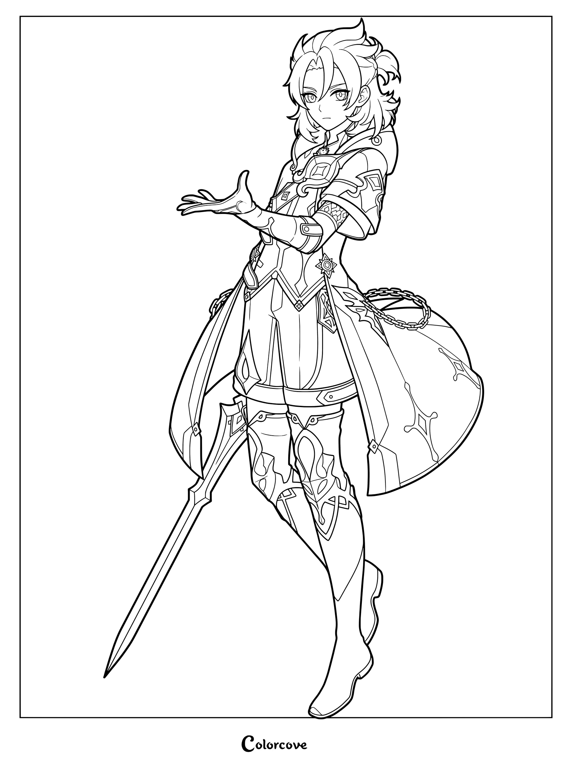 Albedo holding out his hand in a Genshin Impact printable coloring page.