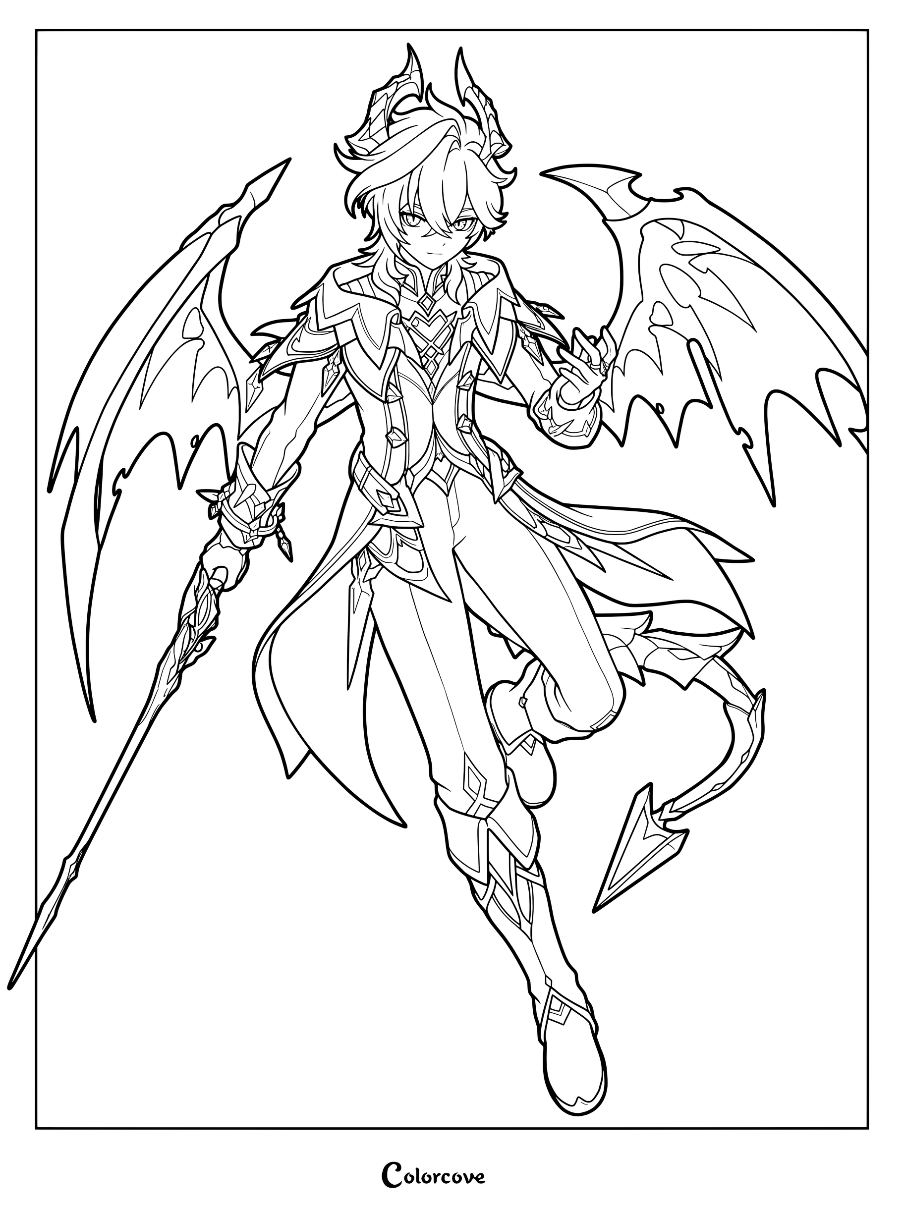 Durin coloring page from Genshin Impact featuring wings and a sword