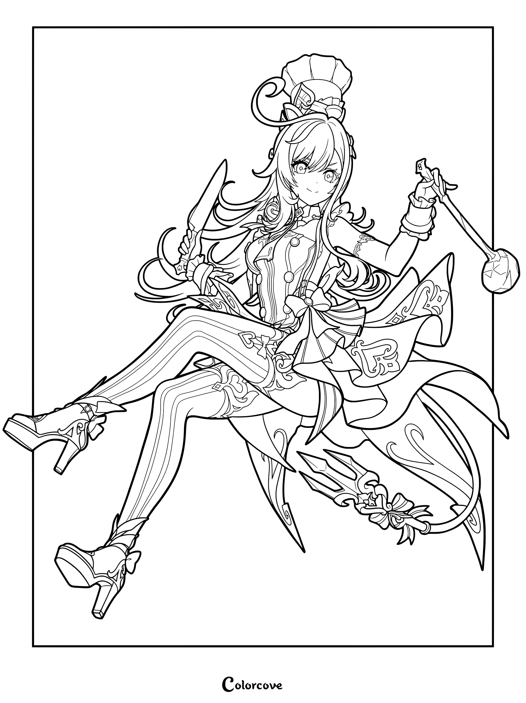 Escoffier coloring page from Genshin Impact holding kitchen tools and wearing a chef-inspired outfit