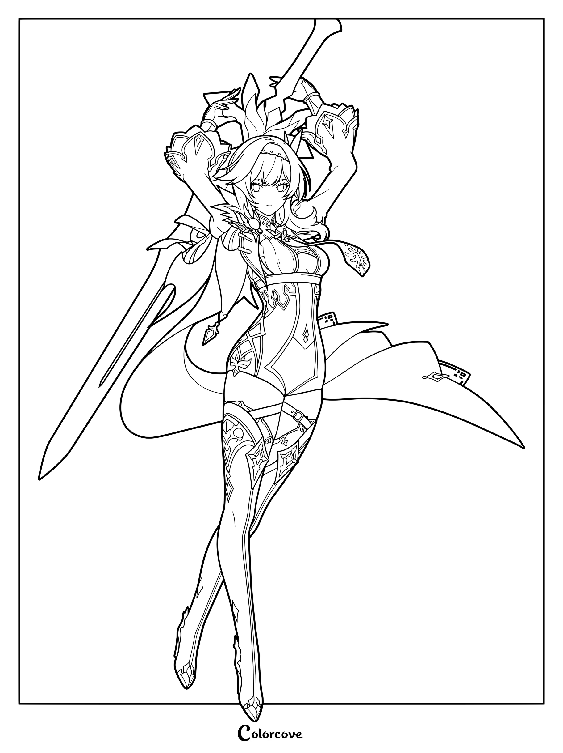 Eula holding a claymore in Genshin Impact coloring page.